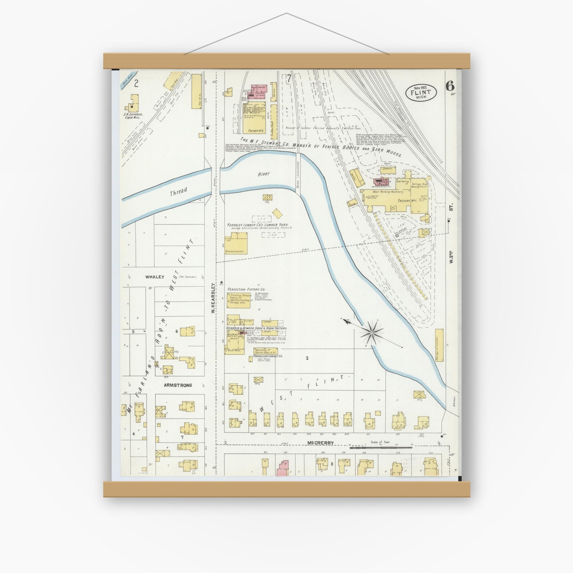 Old map wall art mockup — magnetic wood frame on white wall — Sanborn Fire Insurance Map from Flint, Genesee County, Michigan (1902), Sheet #0006