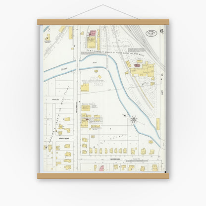Old map wall art mockup — magnetic wood frame on white wall — Sanborn Fire Insurance Map from Flint, Genesee County, Michigan (1902), Sheet #0006