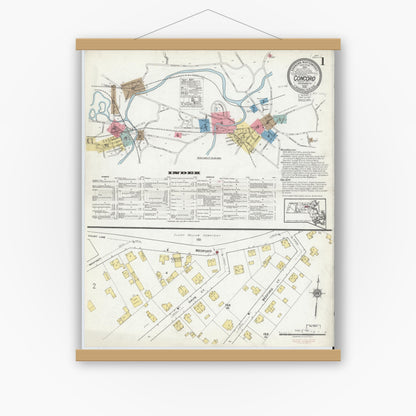 Old map wall art mockup — magnetic wood frame on white wall — Sanborn Fire Insurance Map from Concord, Middlesex County, Massachusetts (1918), Sheet #0001