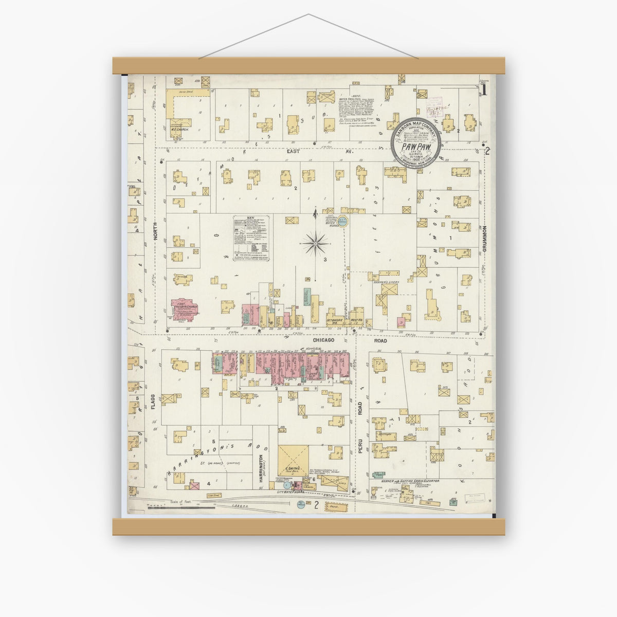 Old map wall art mockup — magnetic wood frame on white wall — Sanborn Fire Insurance Map from Paw Paw, Lee County, Illinois (1902) - Complete Map Set