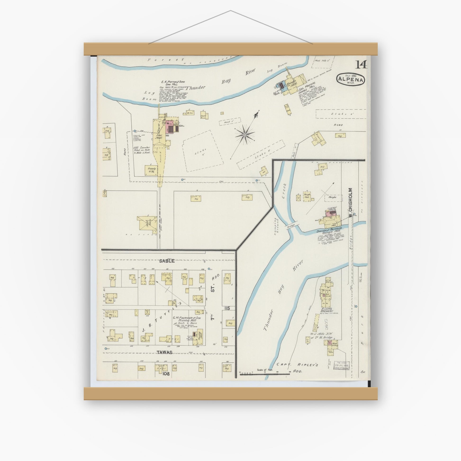 Old map wall art mockup — magnetic wood frame on white wall — Sanborn Fire Insurance Map from Alpena, Alpena County, Michigan (1890), Sheet #0014