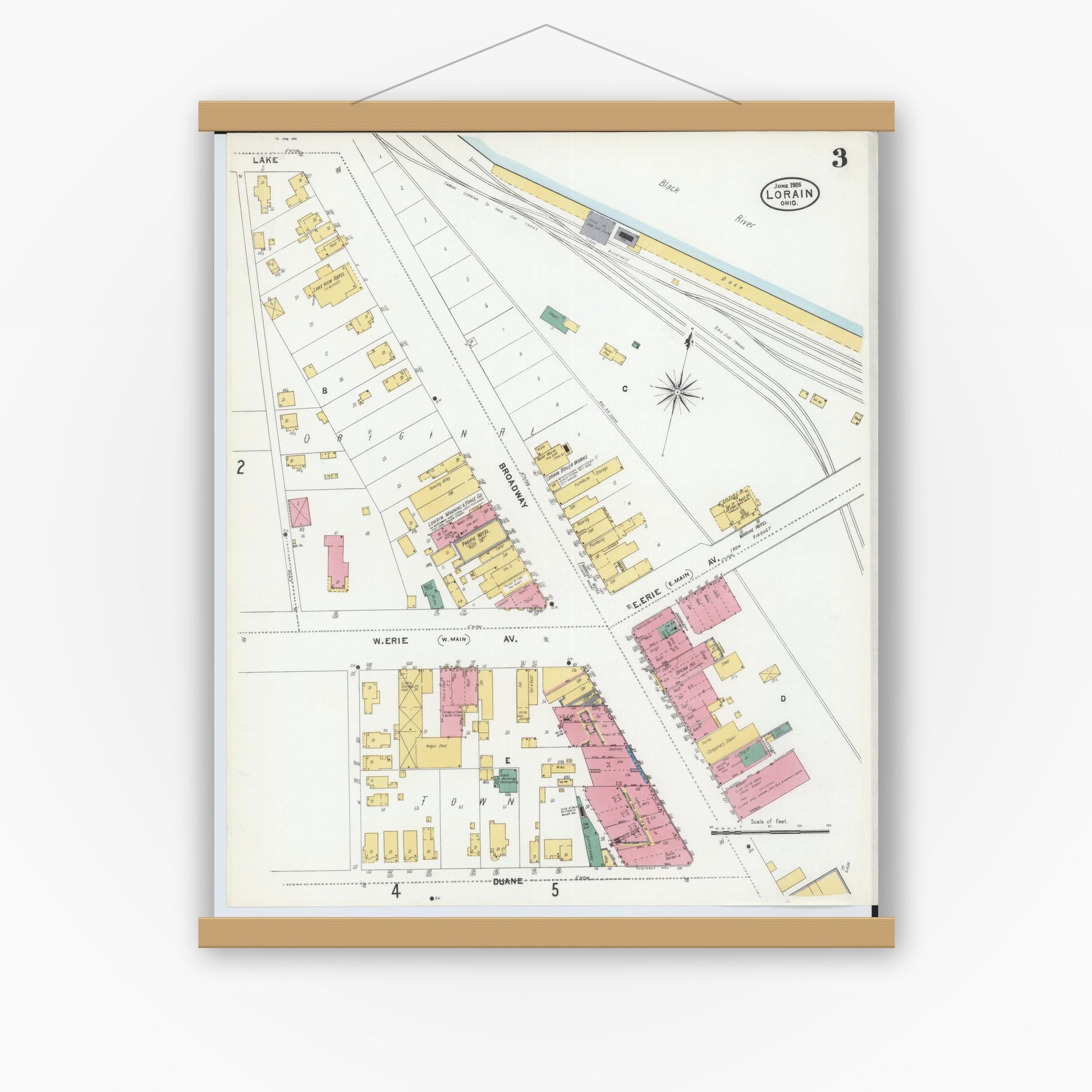 Old map wall art mockup — magnetic wood frame on white wall — Sanborn Fire Insurance Map from Lorain, Lorain County, Ohio (1905), Sheet #0003