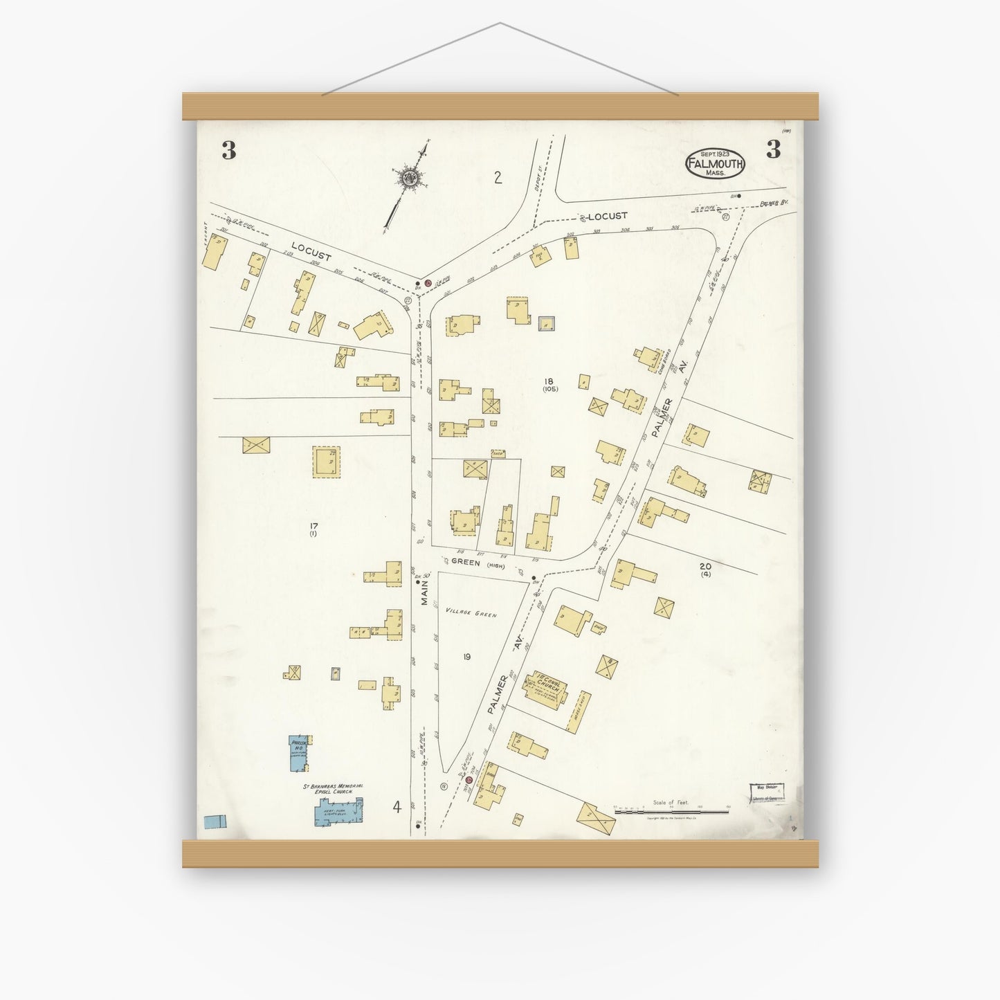 Old map wall art mockup — magnetic wood frame on white wall — Sanborn Fire Insurance Map from Falmouth, Barnstable County, Massachusetts (1923), Sheet #0003
