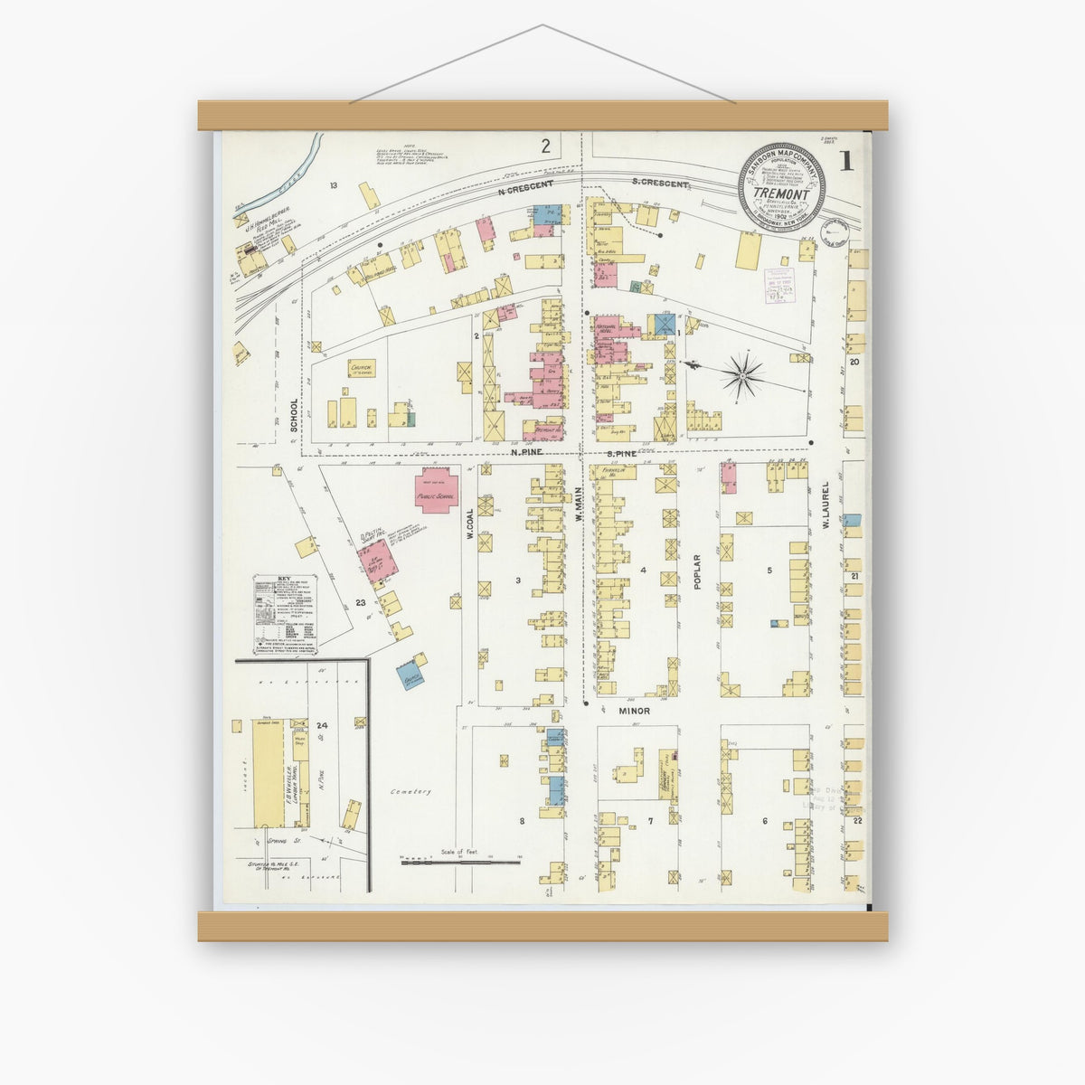 Old map wall art mockup — magnetic wood frame on white wall — Sanborn Fire Insurance Map from Tremont, Schuylkill County, Pennsylvania (1902), Sheet #0001