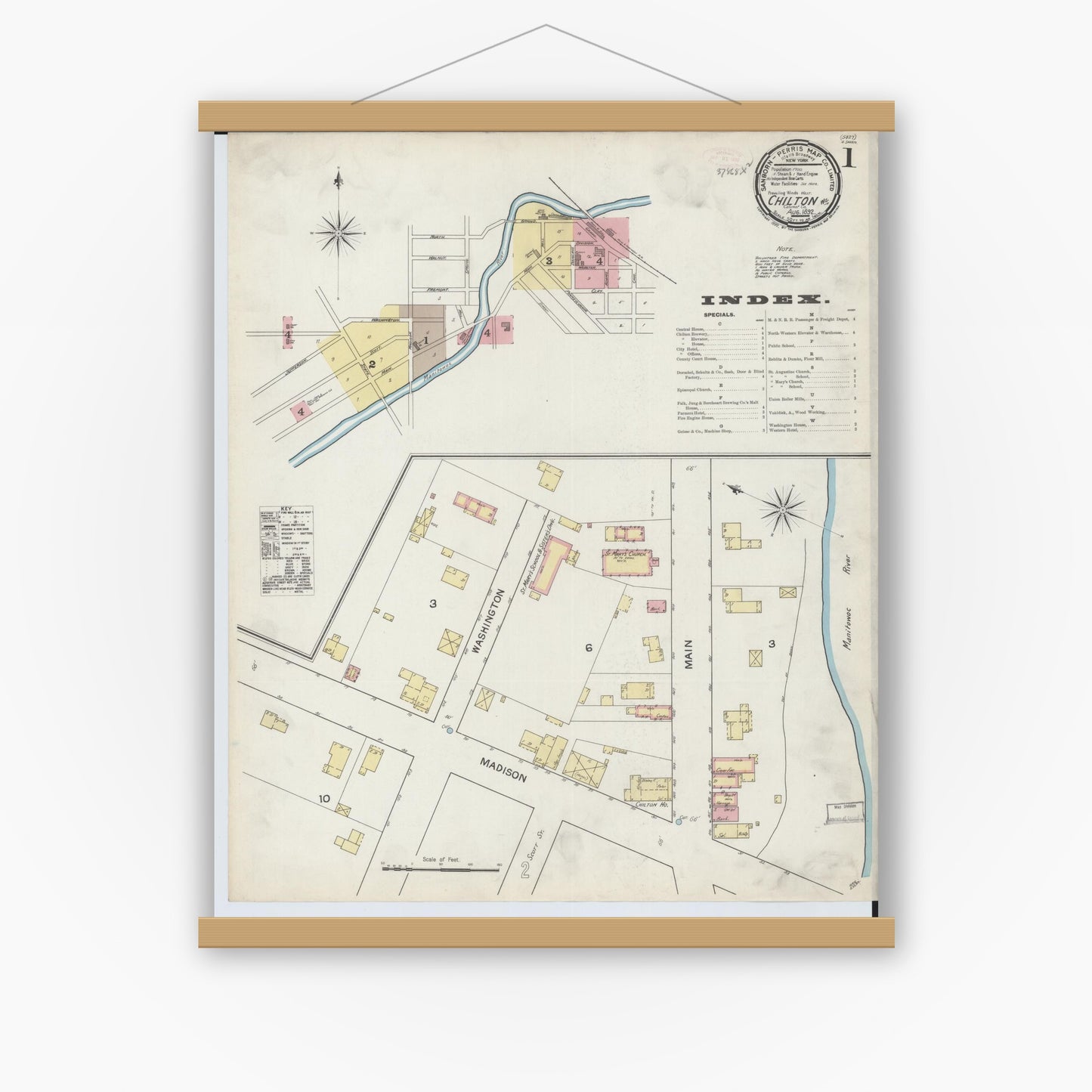 Old map wall art mockup — magnetic wood frame on white wall — Sanborn Fire Insurance Map from Chilton, Calumet County, Wisconsin (1892) - Complete Map Set