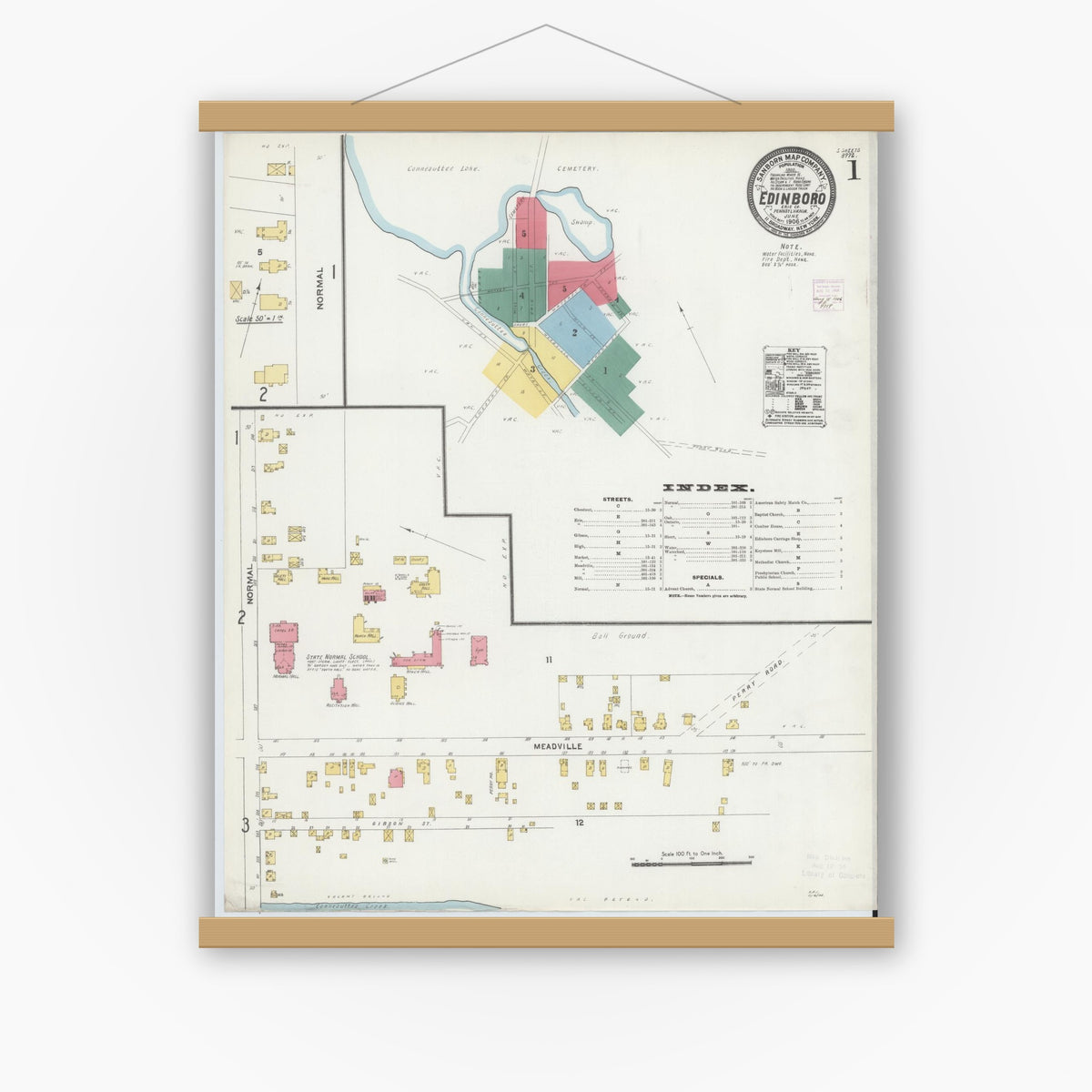 Old map wall art mockup — magnetic wood frame on white wall — Sanborn Fire Insurance Map from Edinboro, Erie County, Pennsylvania (1906) - Complete Map Set