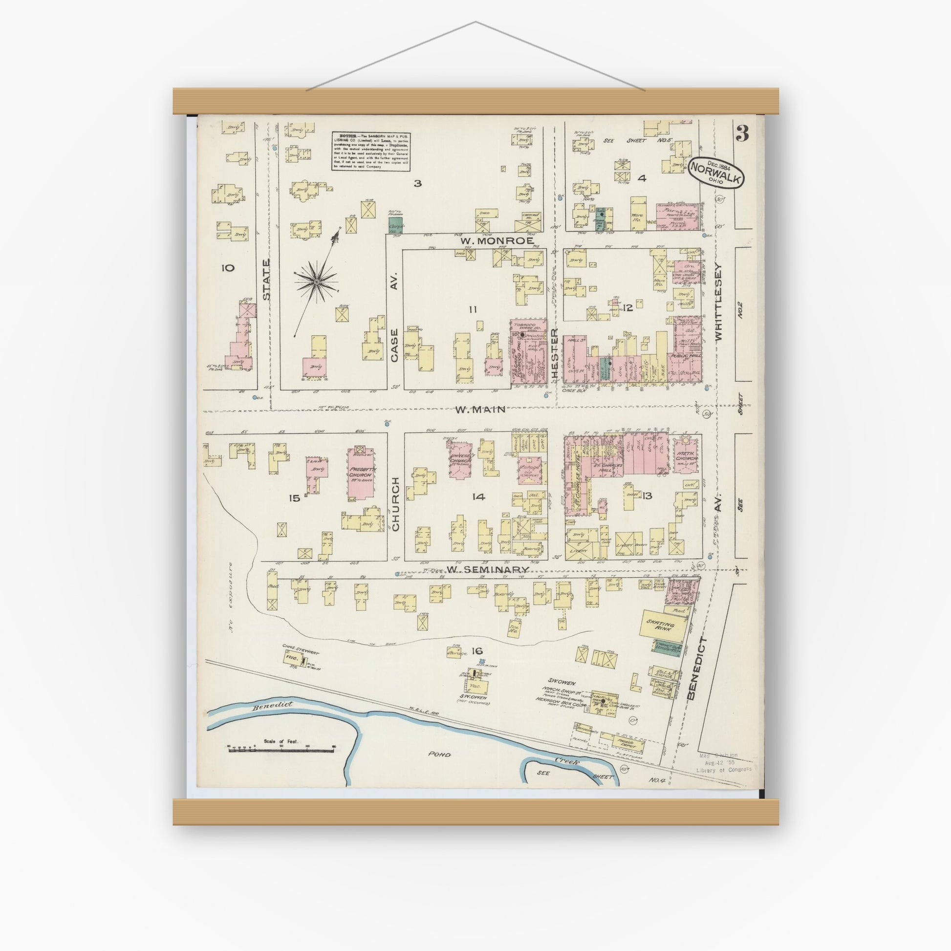 Old map wall art mockup — magnetic wood frame on white wall — Sanborn Fire Insurance Map from Norwalk, Huron County, Ohio (1884), Sheet #0003