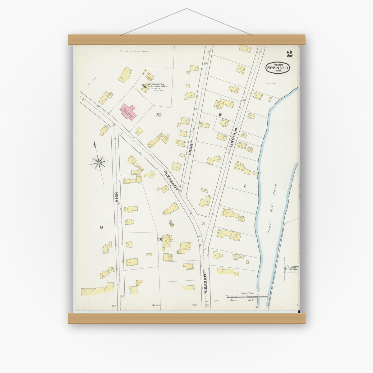 Old map wall art mockup — magnetic wood frame on white wall — Sanborn Fire Insurance Map from Spencer, Worcester County, Massachusetts (1892), Sheet #0002