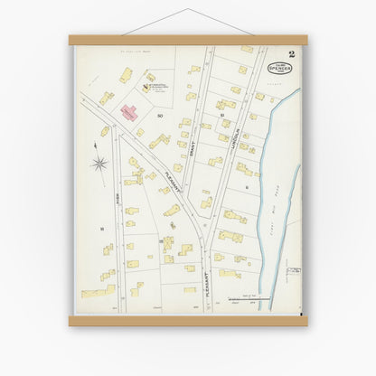 Old map wall art mockup — magnetic wood frame on white wall — Sanborn Fire Insurance Map from Spencer, Worcester County, Massachusetts (1892), Sheet #0002