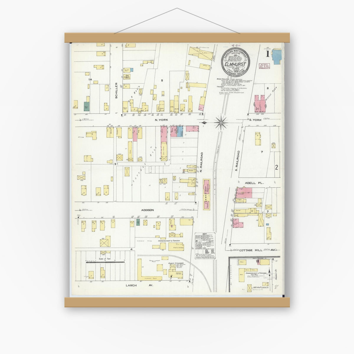 Old map wall art mockup — magnetic wood frame on white wall — Sanborn Fire Insurance Map from Elmhurst, Du Page County, Illinois (1909), Sheet #0001