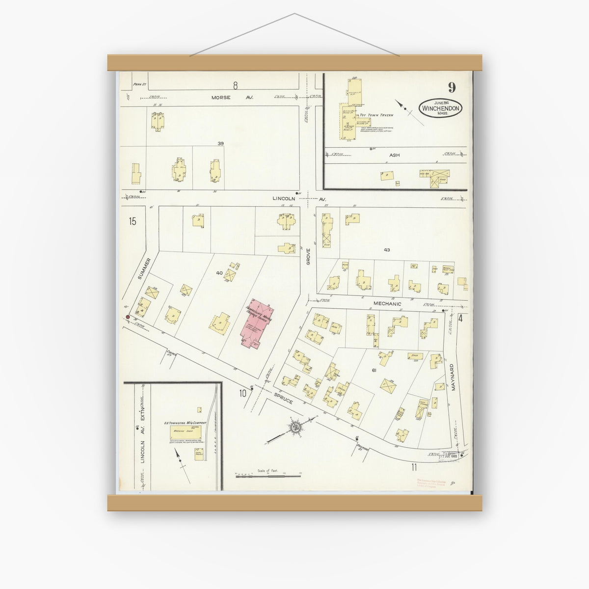 Old map wall art mockup — magnetic wood frame on white wall — Sanborn Fire Insurance Map from Winchendon, Worcester County, Massachusetts (1914), Sheet #0009