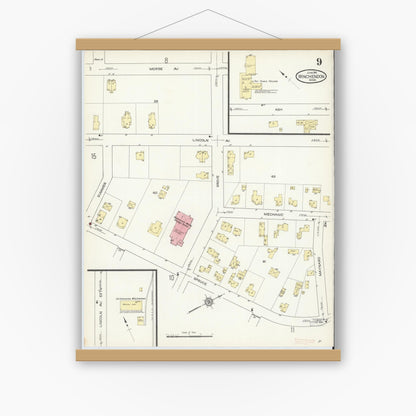 Old map wall art mockup — magnetic wood frame on white wall — Sanborn Fire Insurance Map from Winchendon, Worcester County, Massachusetts (1914), Sheet #0009