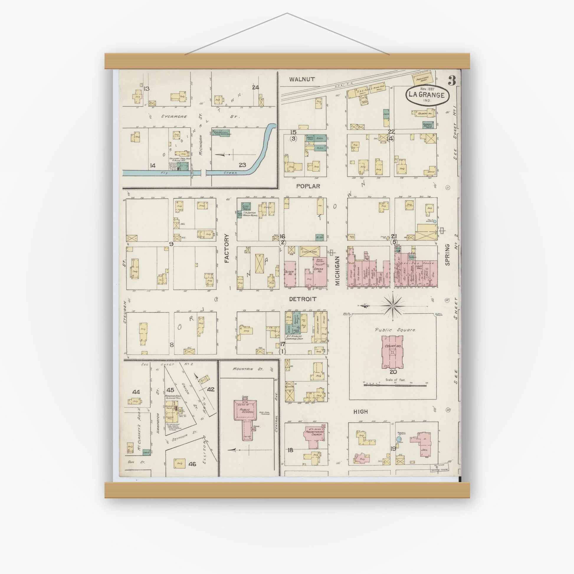 Old map wall art mockup — magnetic wood frame on white wall — Sanborn Fire Insurance Map from Lagrange, LaGrange County, Indiana (1887), Sheet #0003