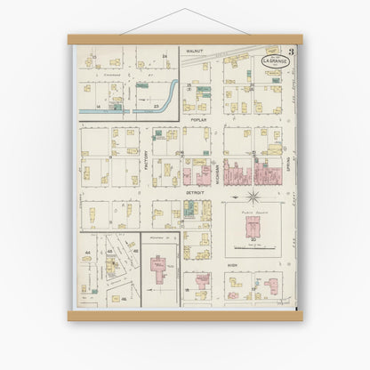 Old map wall art mockup — magnetic wood frame on white wall — Sanborn Fire Insurance Map from Lagrange, LaGrange County, Indiana (1887), Sheet #0003