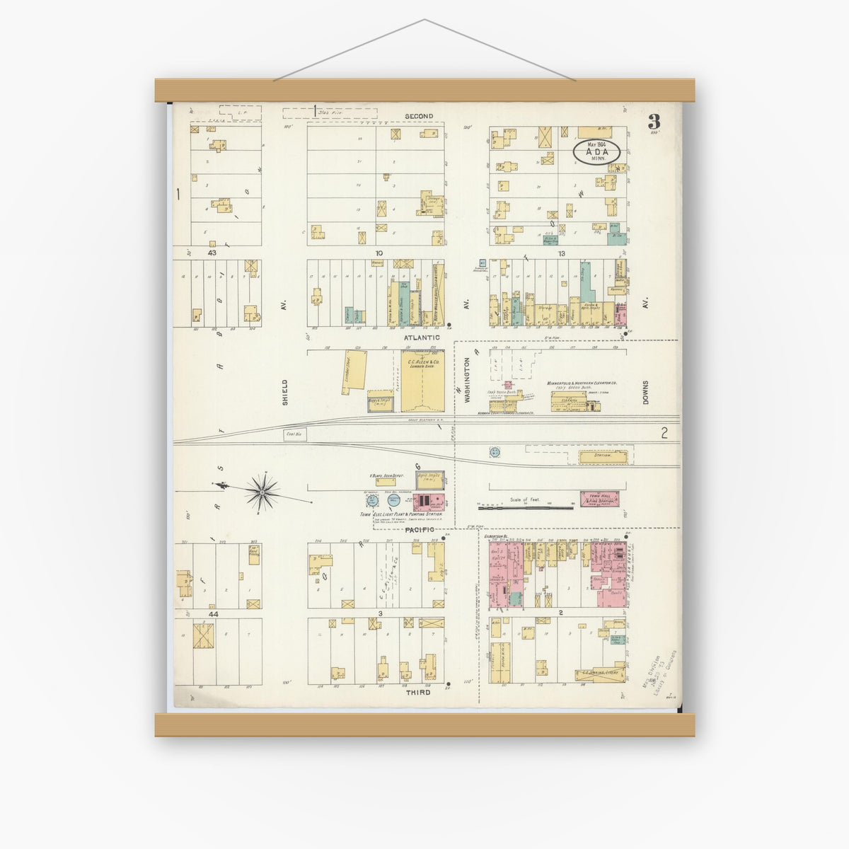 Old map wall art mockup — magnetic wood frame on white wall — Sanborn Fire Insurance Map from Ada, Norman County, Minnesota (1904), Sheet #0003