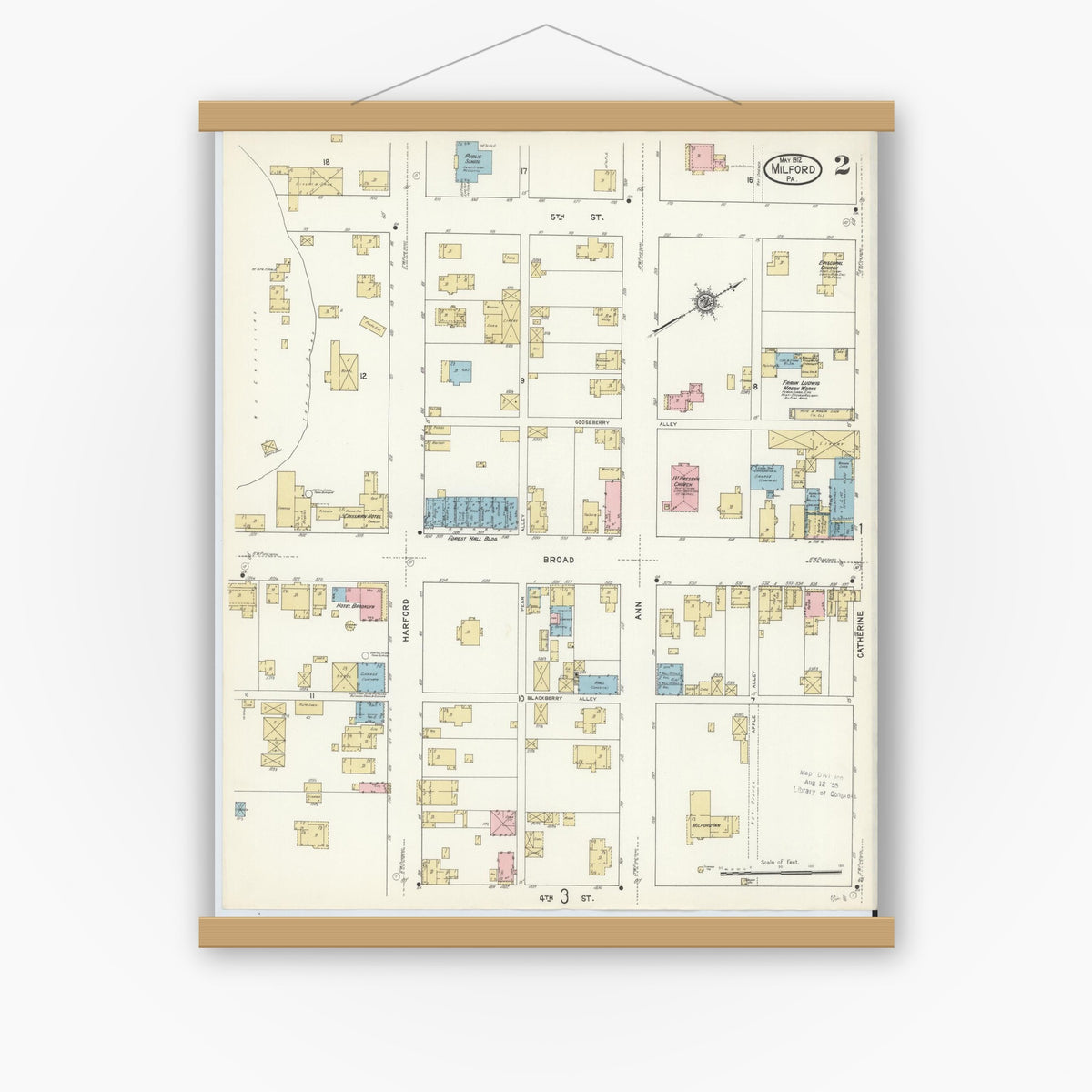 Old map wall art mockup — magnetic wood frame on white wall — Sanborn Fire Insurance Map from Milford, Pike County, Pennsylvania (1912), Sheet #0002