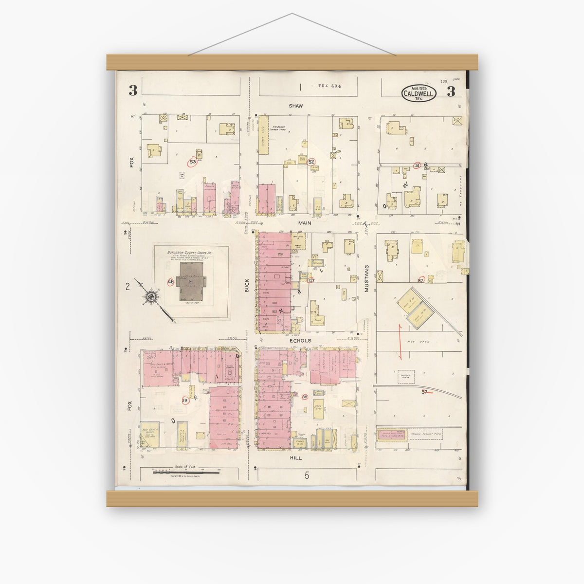 Old map wall art mockup — magnetic wood frame on white wall — Sanborn Fire Insurance Map from Caldwell, Burleson County, Texas (1943), Sheet #0003