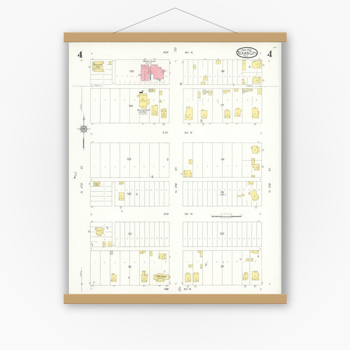 Old map wall art mockup — magnetic wood frame on white wall — Sanborn Fire Insurance Map from Texas City, Galveston County, Texas (1931), Sheet #0004