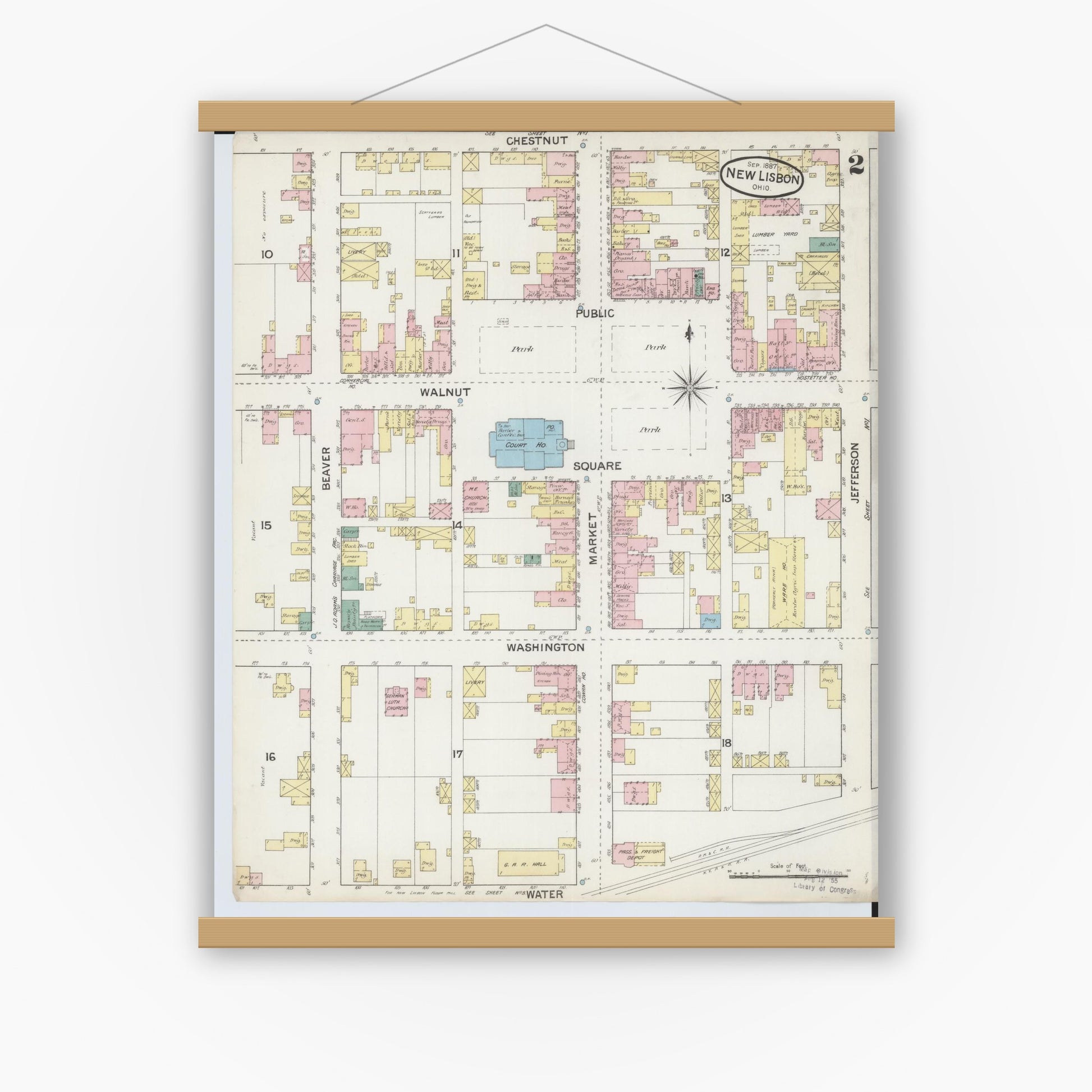 Old map wall art mockup — magnetic wood frame on white wall — Sanborn Fire Insurance Map from New Lisbon, Columbiana County, Ohio (1887), Sheet #0002