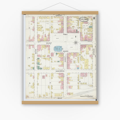 Old map wall art mockup — magnetic wood frame on white wall — Sanborn Fire Insurance Map from New Lisbon, Columbiana County, Ohio (1887), Sheet #0002