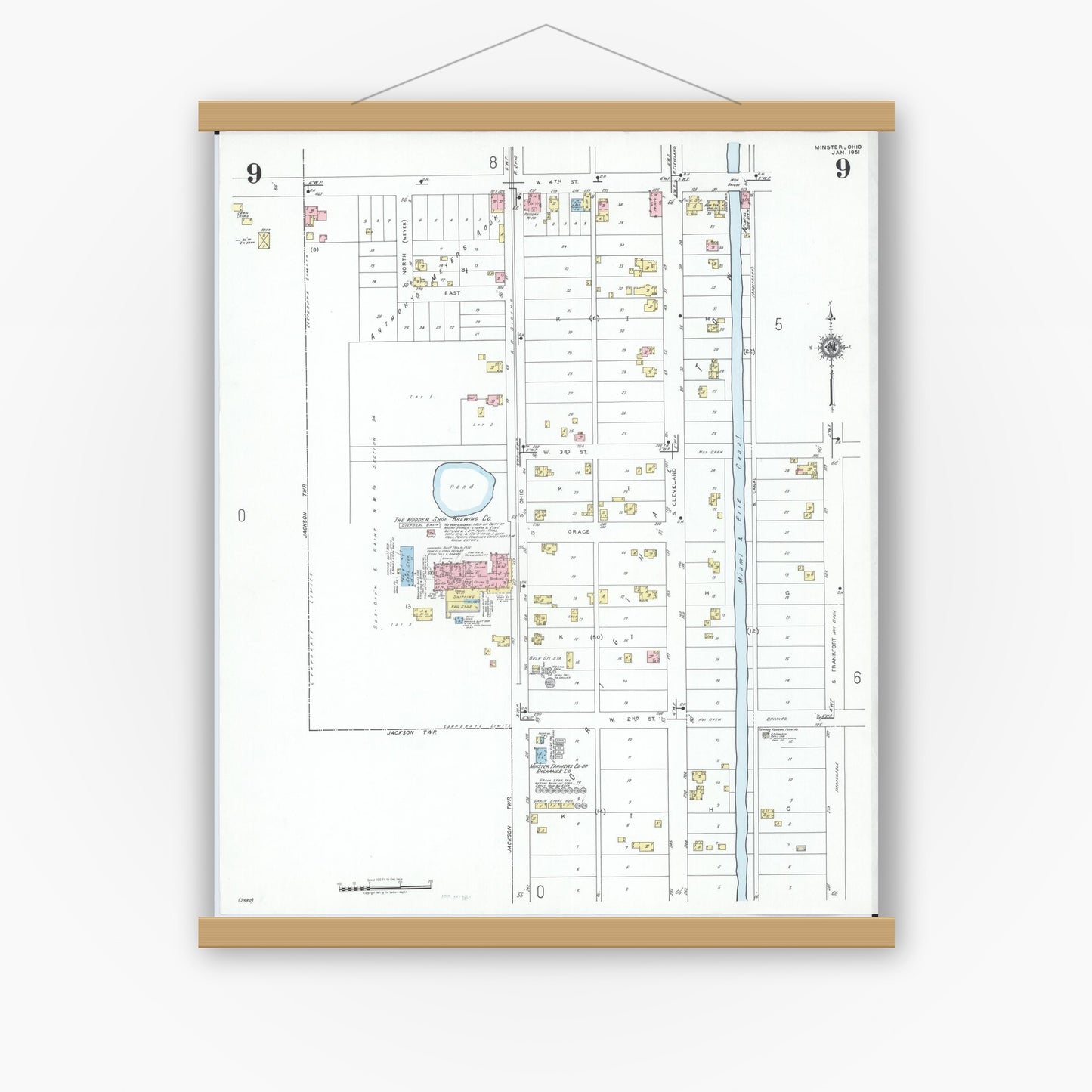 Old map wall art mockup — magnetic wood frame on white wall — Sanborn Fire Insurance Map from Minster, Auglaize County, Ohio (1951), Sheet #0009