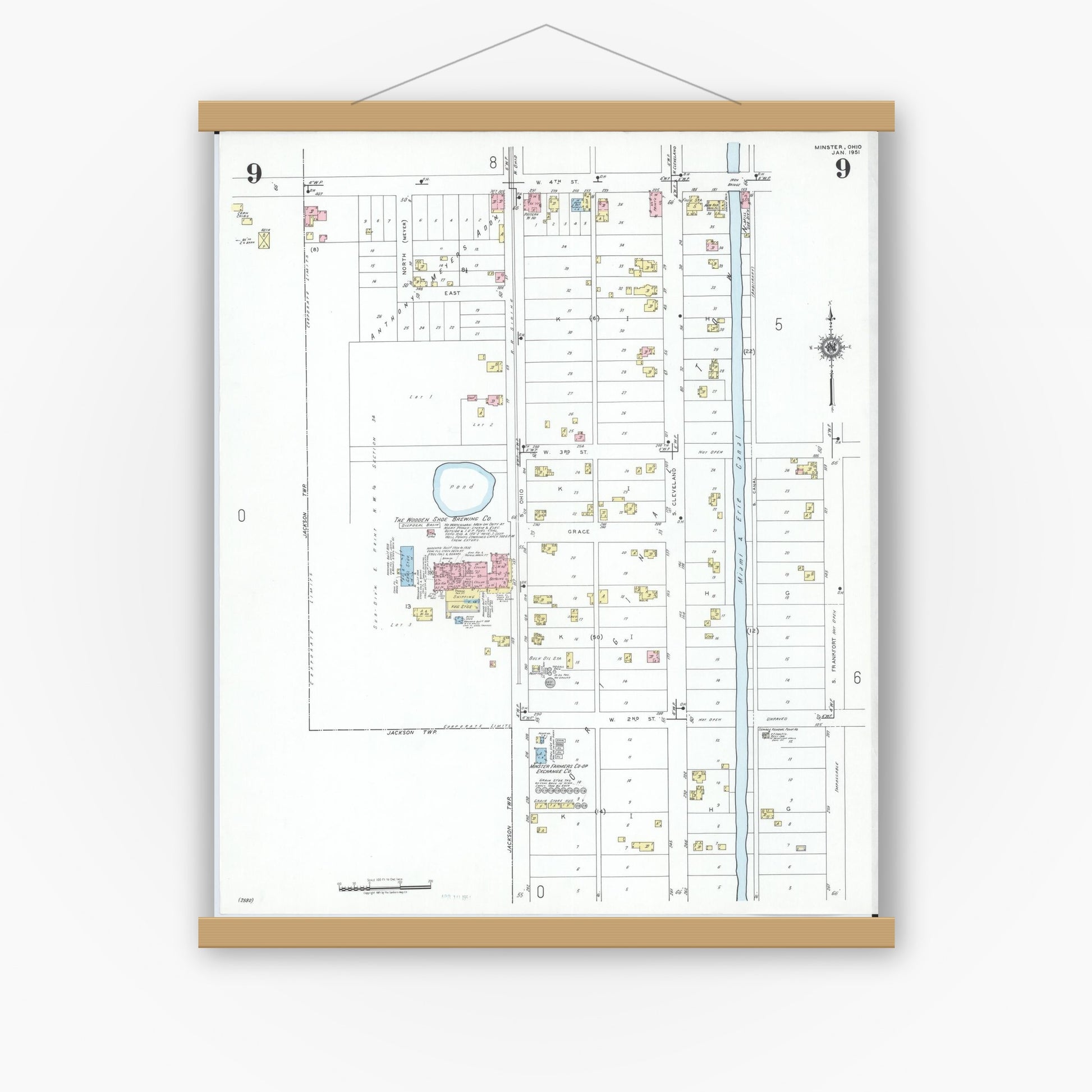Old map wall art mockup — magnetic wood frame on white wall — Sanborn Fire Insurance Map from Minster, Auglaize County, Ohio (1951), Sheet #0009