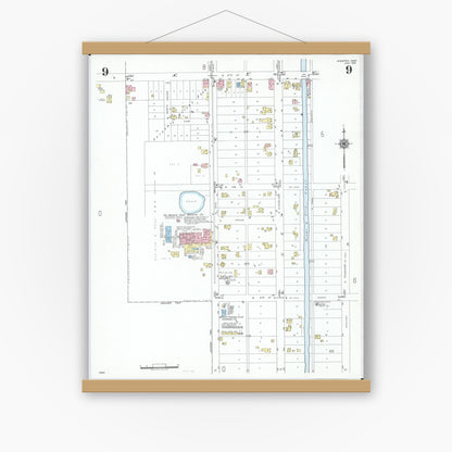Old map wall art mockup — magnetic wood frame on white wall — Sanborn Fire Insurance Map from Minster, Auglaize County, Ohio (1951), Sheet #0009