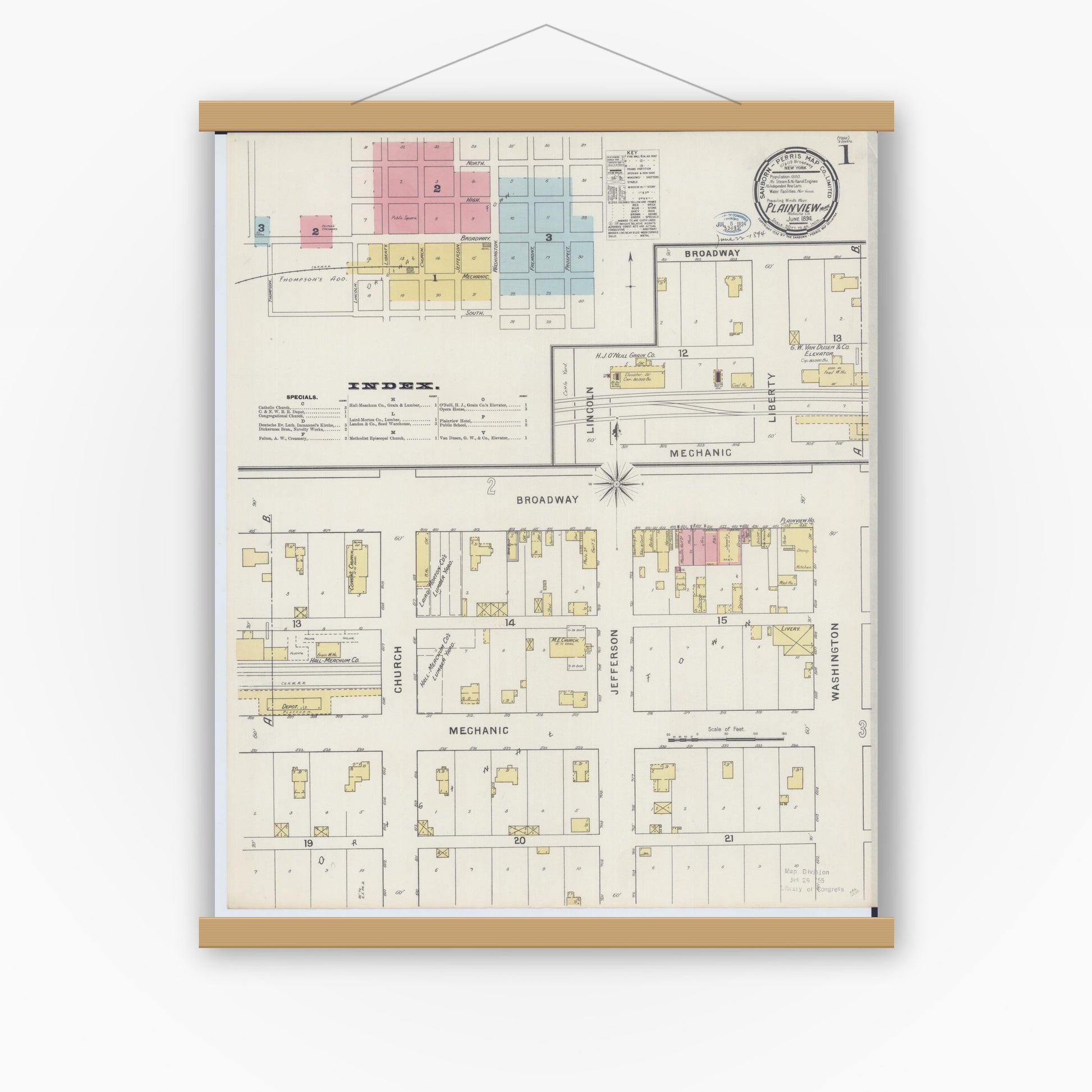Old map wall art mockup — magnetic wood frame on white wall — Sanborn Fire Insurance Map from Plainview, Wabasha County, Minnesota (1894) - Complete Map Set