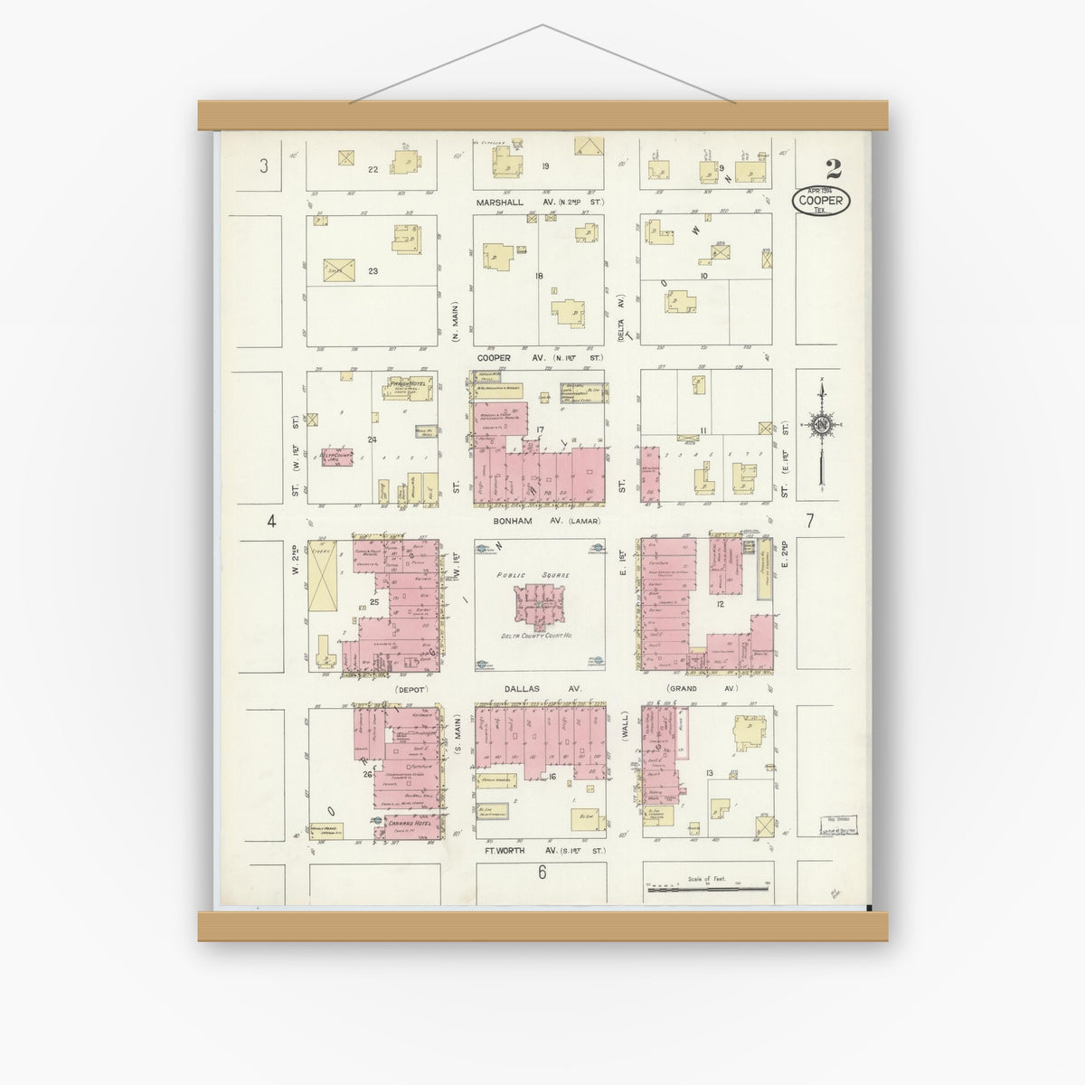 Old map wall art mockup — magnetic wood frame on white wall — Sanborn Fire Insurance Map from Cooper, Delta County, Texas (1914), Sheet #0002
