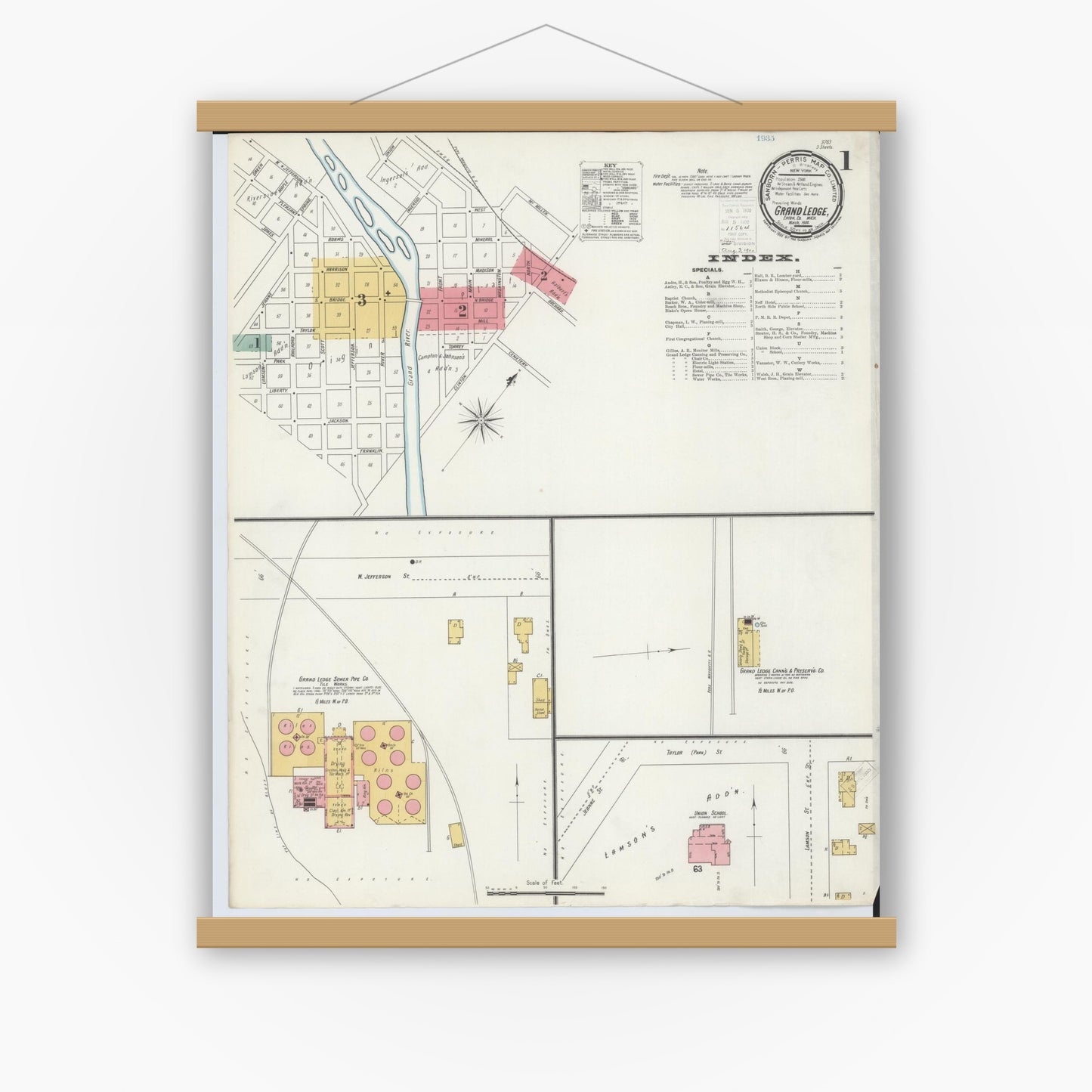 Old map wall art mockup — magnetic wood frame on white wall — Sanborn Fire Insurance Map from Grand Ledge, Eaton County, Michigan (1900) - Complete Map Set