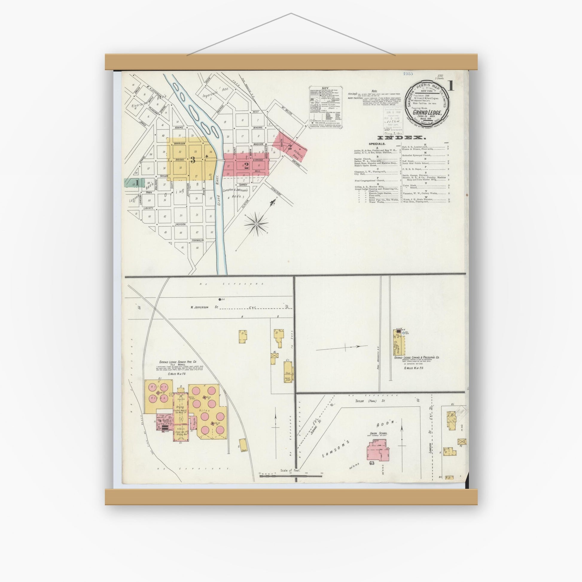 Old map wall art mockup — magnetic wood frame on white wall — Sanborn Fire Insurance Map from Grand Ledge, Eaton County, Michigan (1900) - Complete Map Set