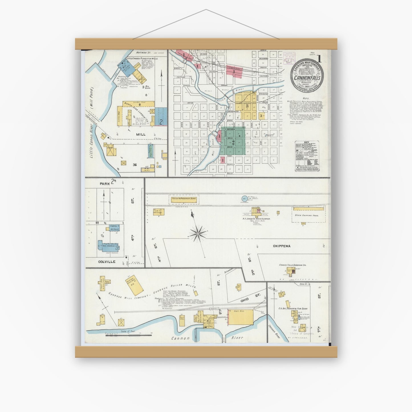 Old map wall art mockup — magnetic wood frame on white wall — Sanborn Fire Insurance Map from Cannon Falls, Goodhue County, Minnesota (1905), Sheet #0001