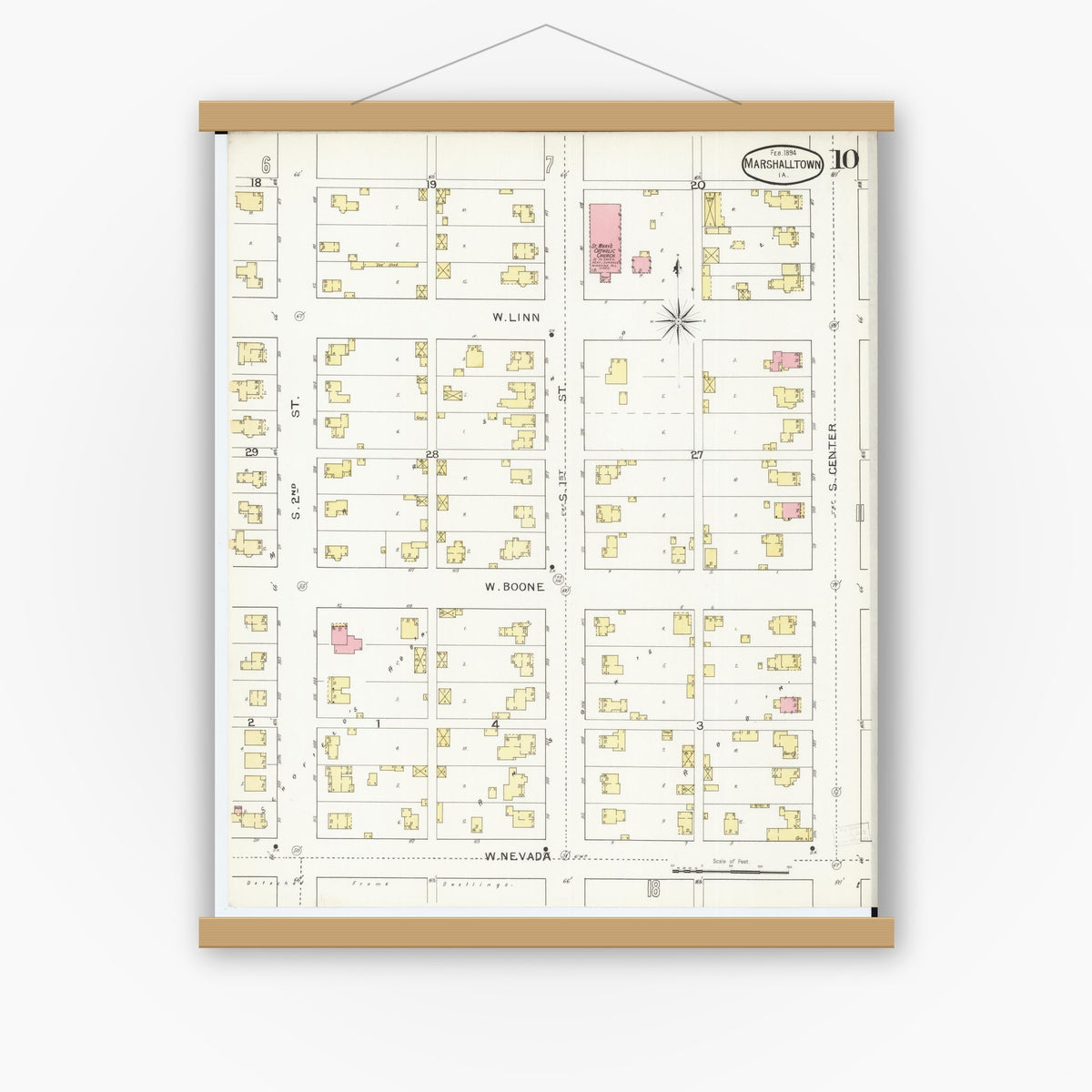 Old map wall art mockup — magnetic wood frame on white wall — Sanborn Fire Insurance Map from Marshalltown, Marshall County, Iowa (1894), Sheet #0010
