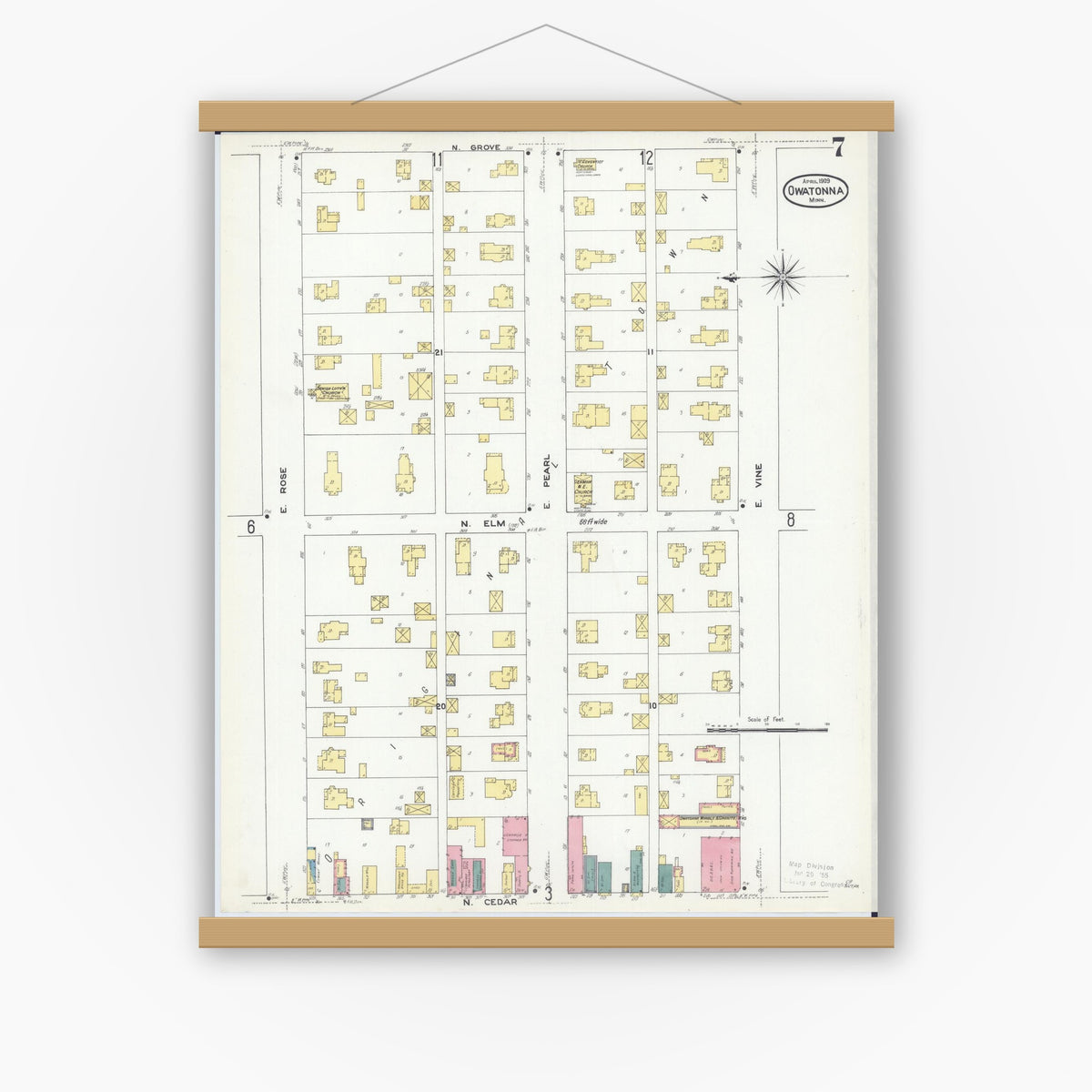 Old map wall art mockup — magnetic wood frame on white wall — Sanborn Fire Insurance Map from Owatonna, Steele County, Minnesota (1909), Sheet #0007