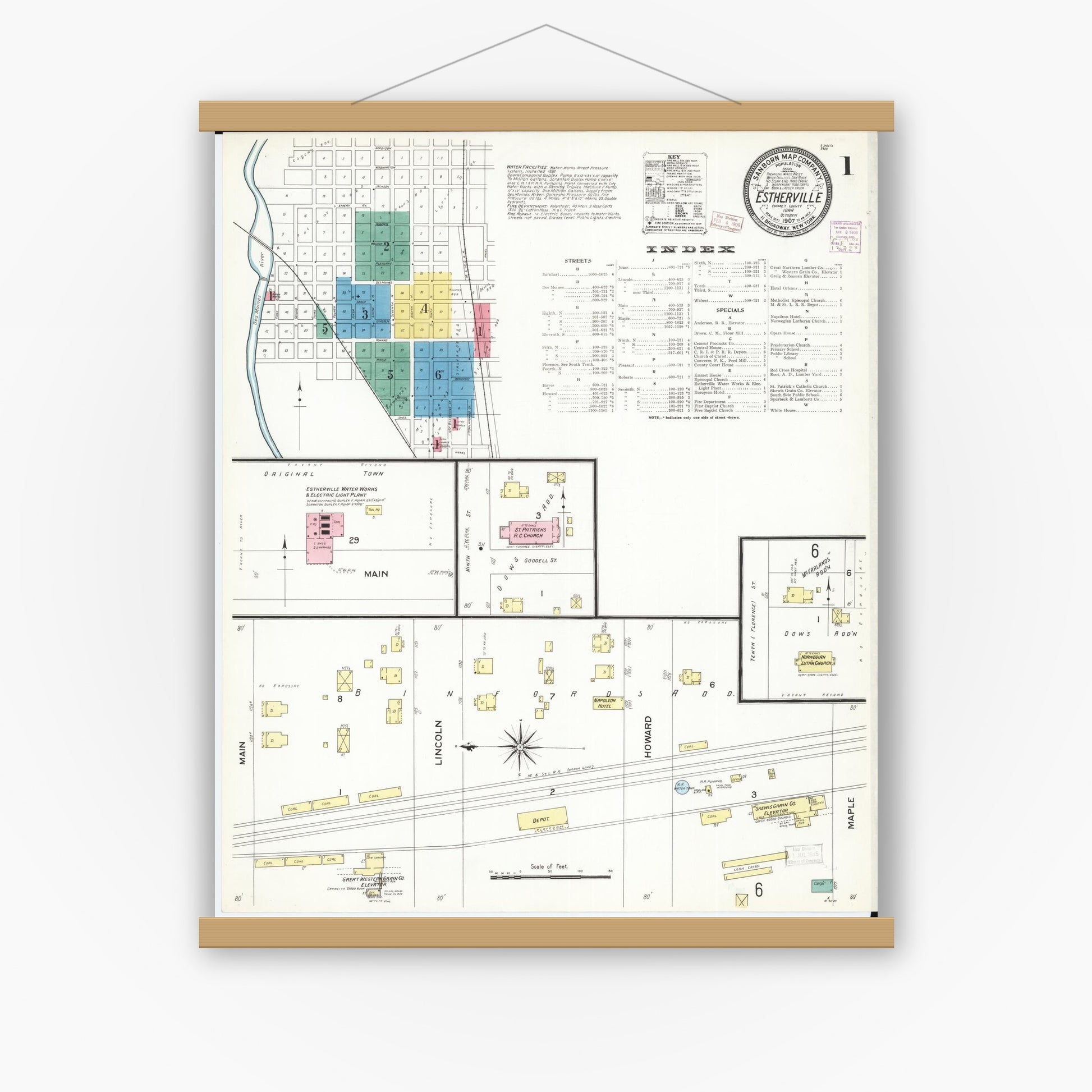 Old map wall art mockup — magnetic wood frame on white wall — Sanborn Fire Insurance Map from Estherville, Emmet County, Iowa (1907), Sheet #0001