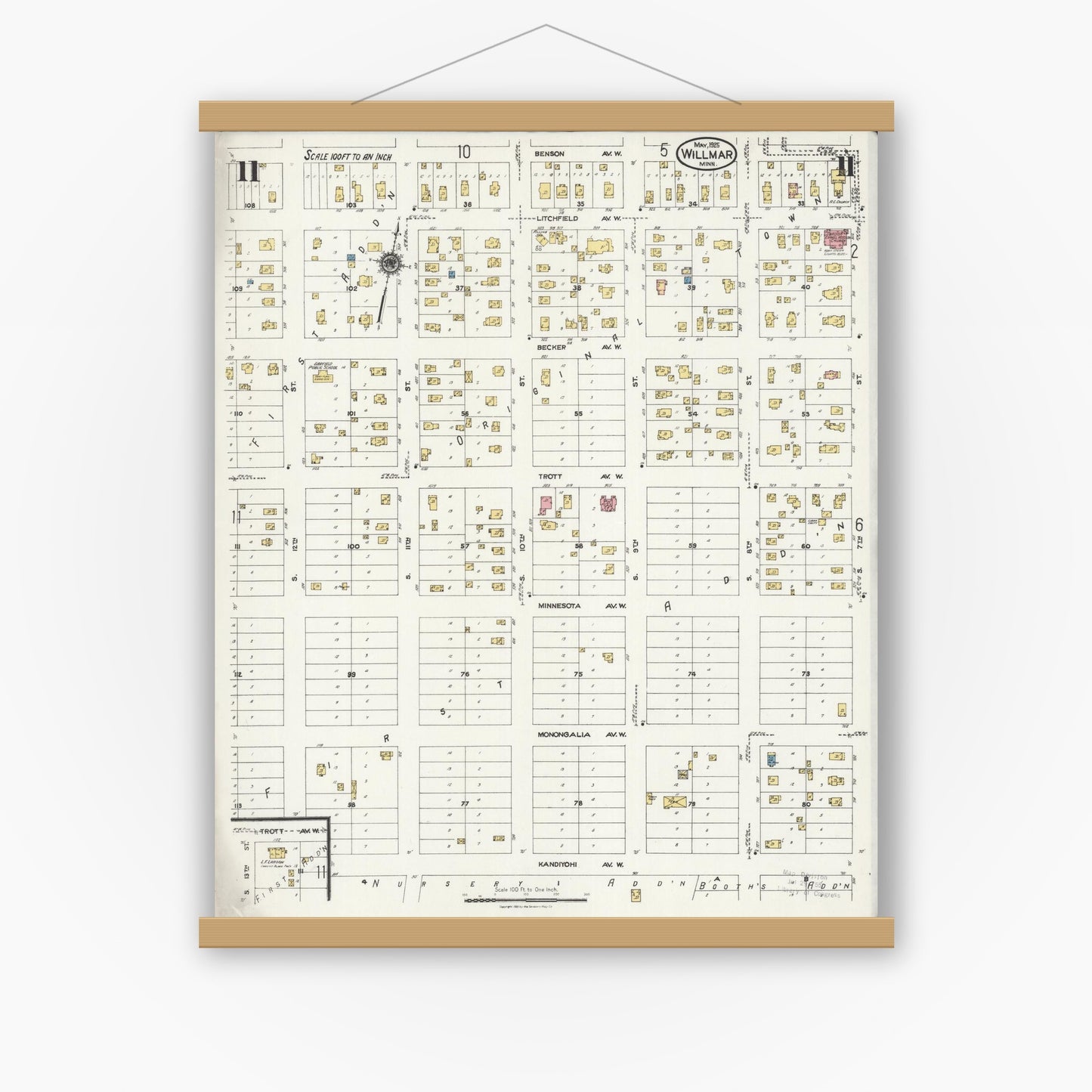 Old map wall art mockup — magnetic wood frame on white wall — Sanborn Fire Insurance Map from Willmar, Kandiyohi County, Minnesota (1925), Sheet #0011