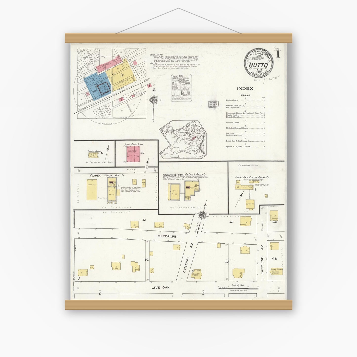 Old map wall art mockup — magnetic wood frame on white wall — Sanborn Fire Insurance Map from Hutto, Williamson County, Texas (1921), Sheet #0001