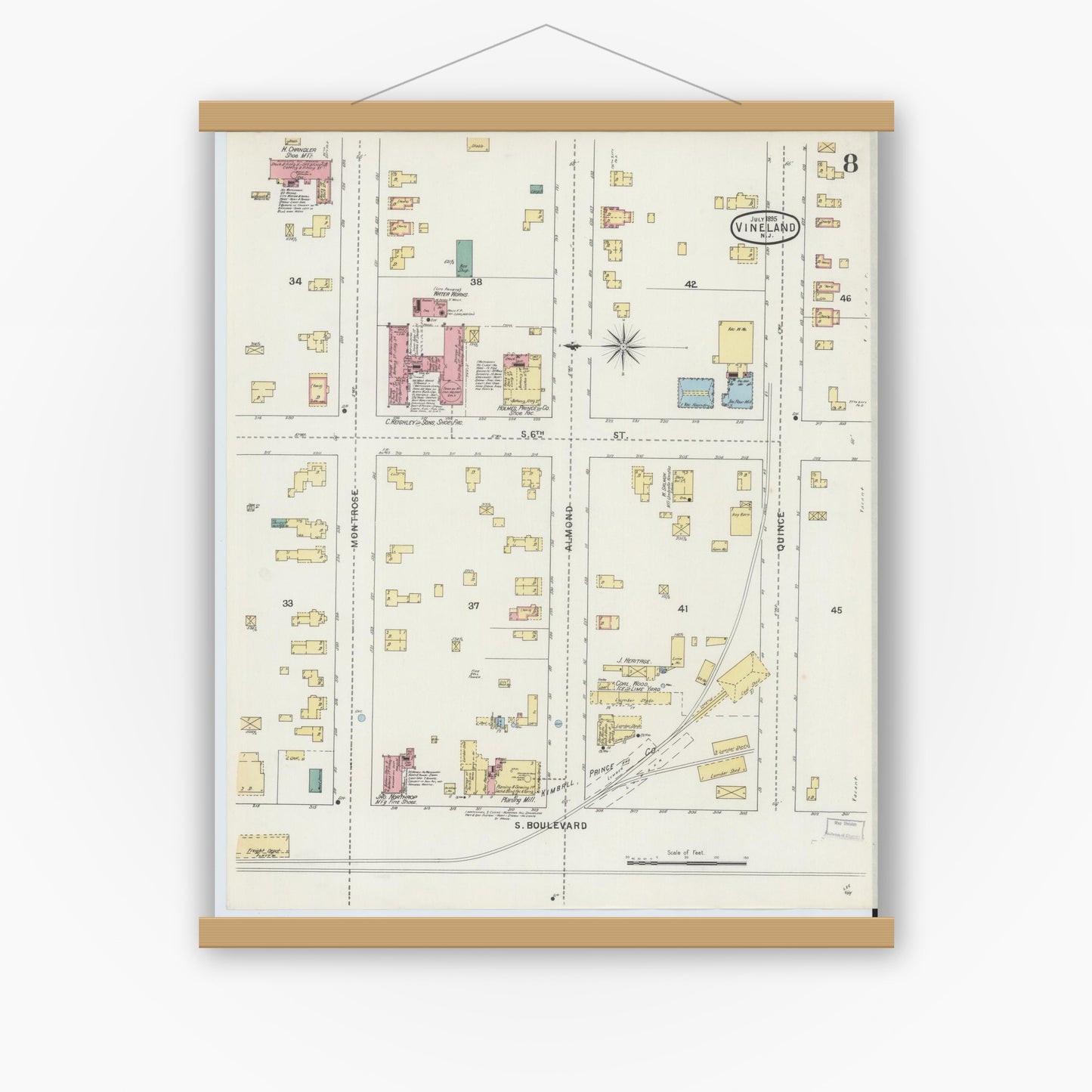 Old map wall art mockup — magnetic wood frame on white wall — Sanborn Fire Insurance Map from Vineland, Cumberland County, New Jersey (1895), Sheet #0008