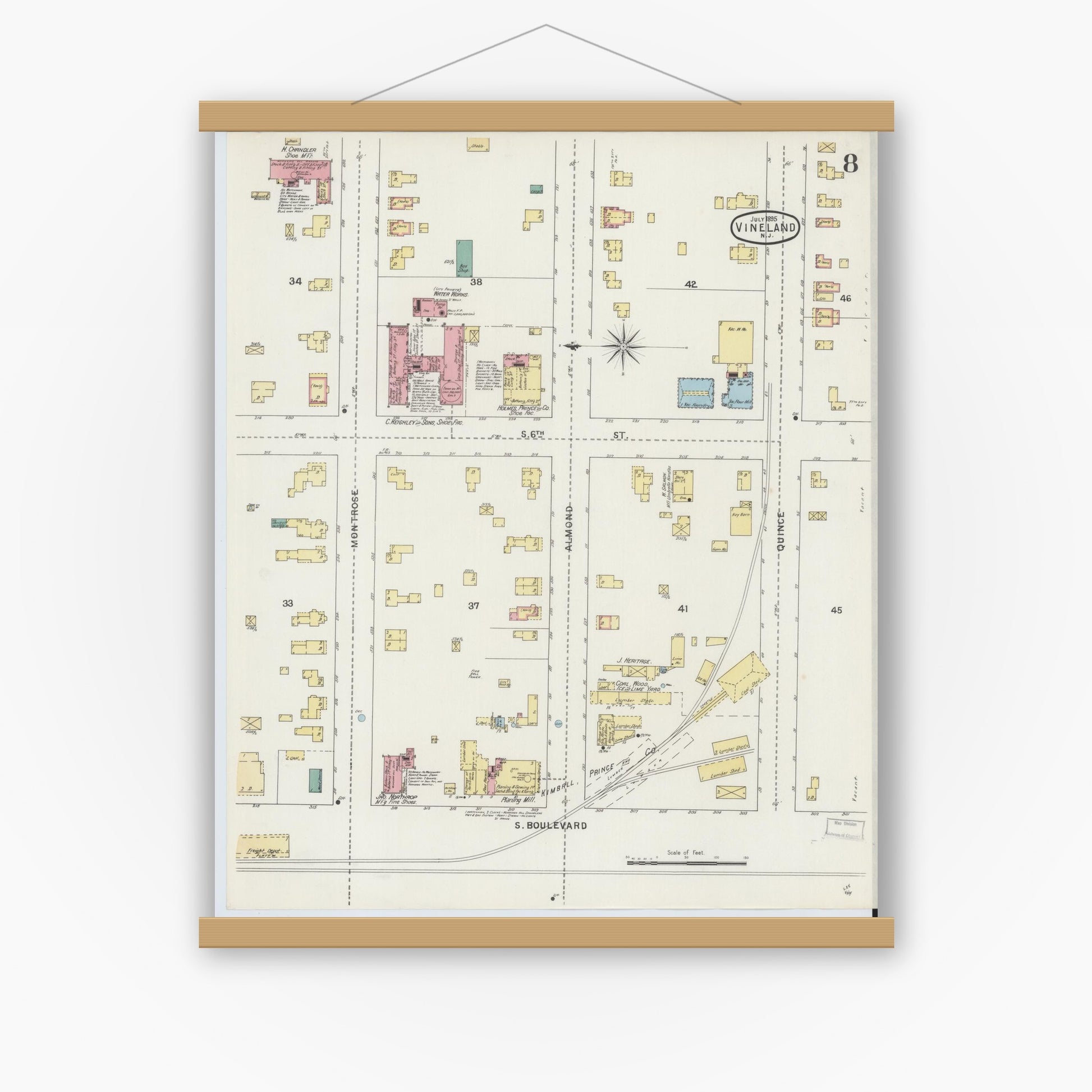 Old map wall art mockup — magnetic wood frame on white wall — Sanborn Fire Insurance Map from Vineland, Cumberland County, New Jersey (1895), Sheet #0008