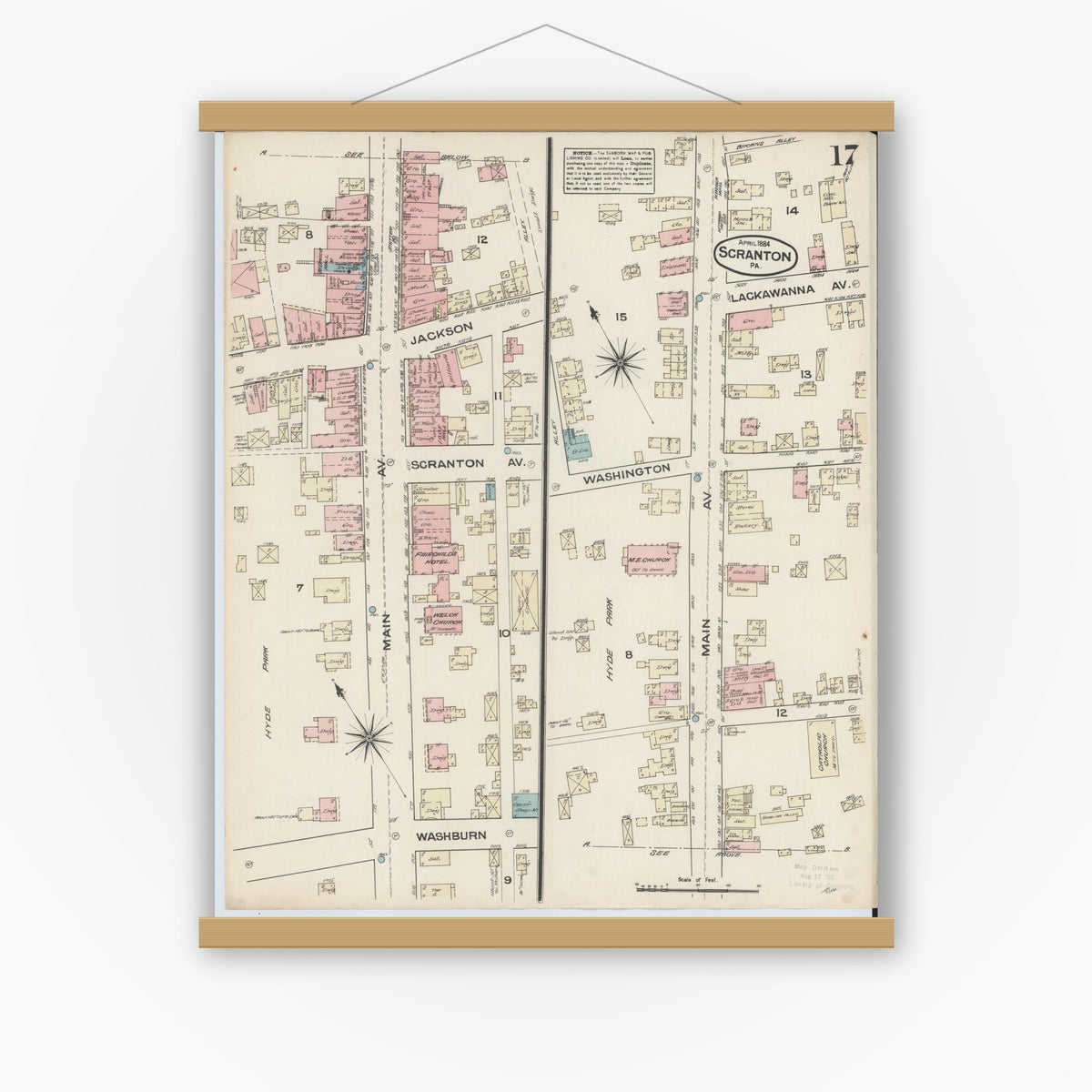 Old map wall art mockup — magnetic wood frame on white wall — Sanborn Fire Insurance Map from Scranton, Lackawanna County, Pennsylvania (1884), Sheet #0017