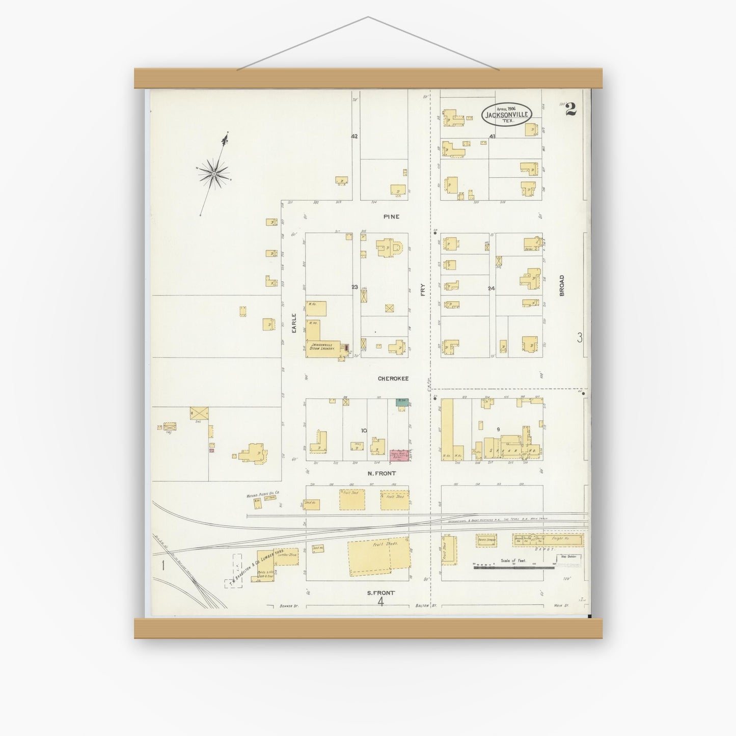 Old map wall art mockup — magnetic wood frame on white wall — Sanborn Fire Insurance Map from Jacksonville, Cherokee County, Texas (1906), Sheet #0002