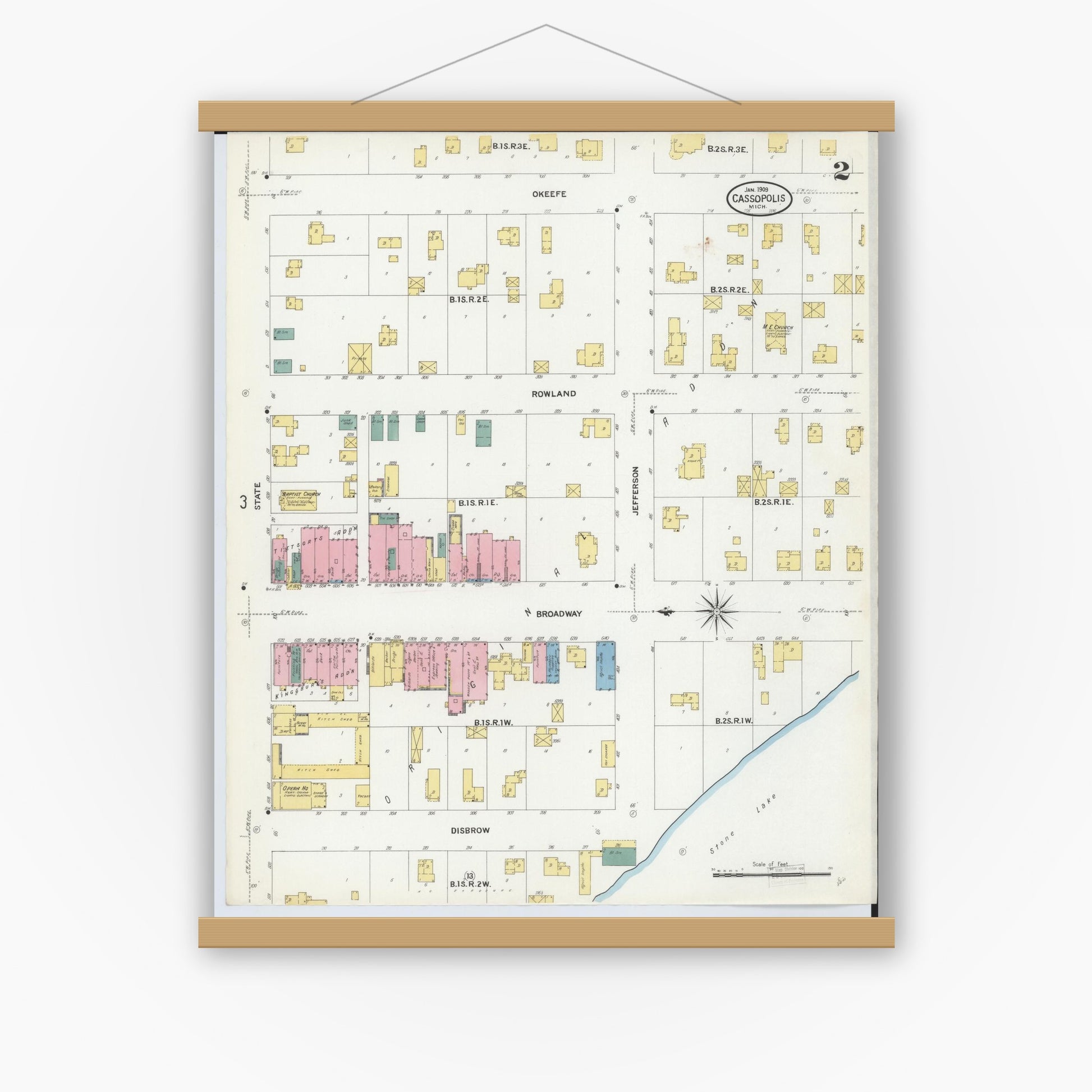 Old map wall art mockup — magnetic wood frame on white wall — Sanborn Fire Insurance Map from Cassopolis, Cass County, Michigan (1909), Sheet #0002
