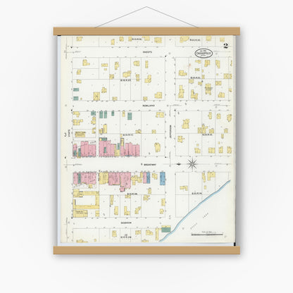 Old map wall art mockup — magnetic wood frame on white wall — Sanborn Fire Insurance Map from Cassopolis, Cass County, Michigan (1909), Sheet #0002