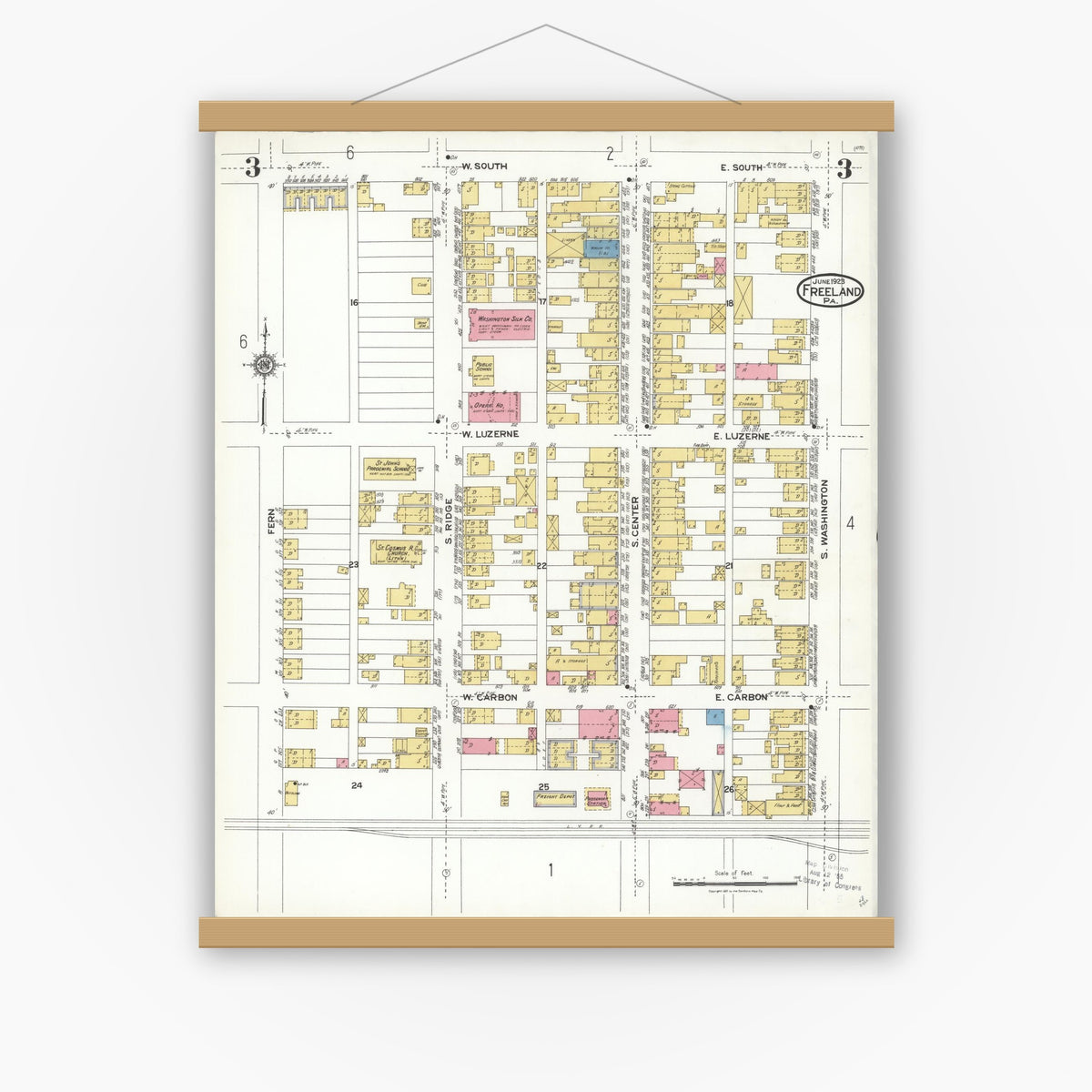Old map wall art mockup — magnetic wood frame on white wall — Sanborn Fire Insurance Map from Freeland, Luzerne County, Pennsylvania (1923), Sheet #0003