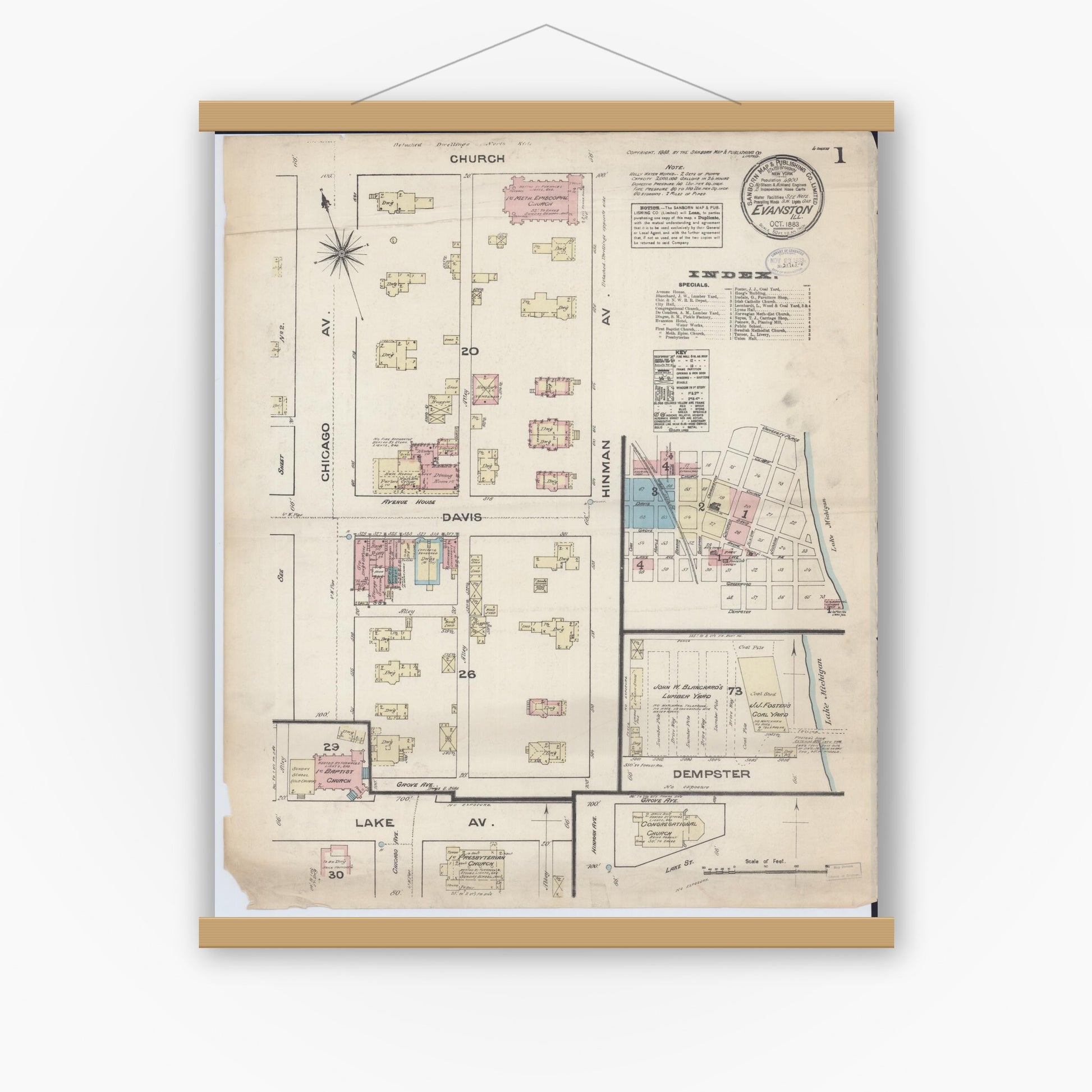 Old map wall art mockup — magnetic wood frame on white wall — Sanborn Fire Insurance Map from Evanston, Cook County, Illinois (1883) - Complete Map Set
