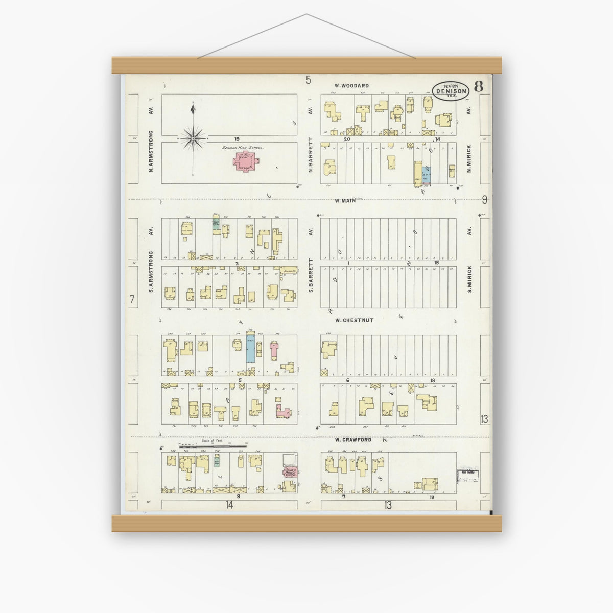 Old map wall art mockup — magnetic wood frame on white wall — Sanborn Fire Insurance Map from Denison, Grayson County, Texas (1897), Sheet #0008
