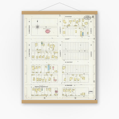 Old map wall art mockup — magnetic wood frame on white wall — Sanborn Fire Insurance Map from Denison, Grayson County, Texas (1897), Sheet #0008