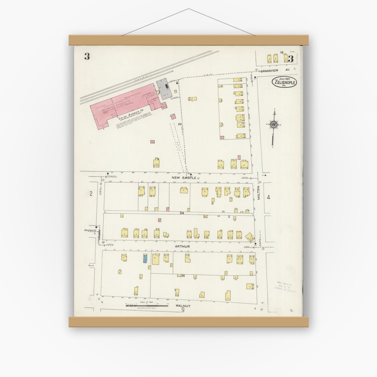 Old map wall art mockup — magnetic wood frame on white wall — Sanborn Fire Insurance Map from Zelienople, Butler County, Pennsylvania (1925), Sheet #0003