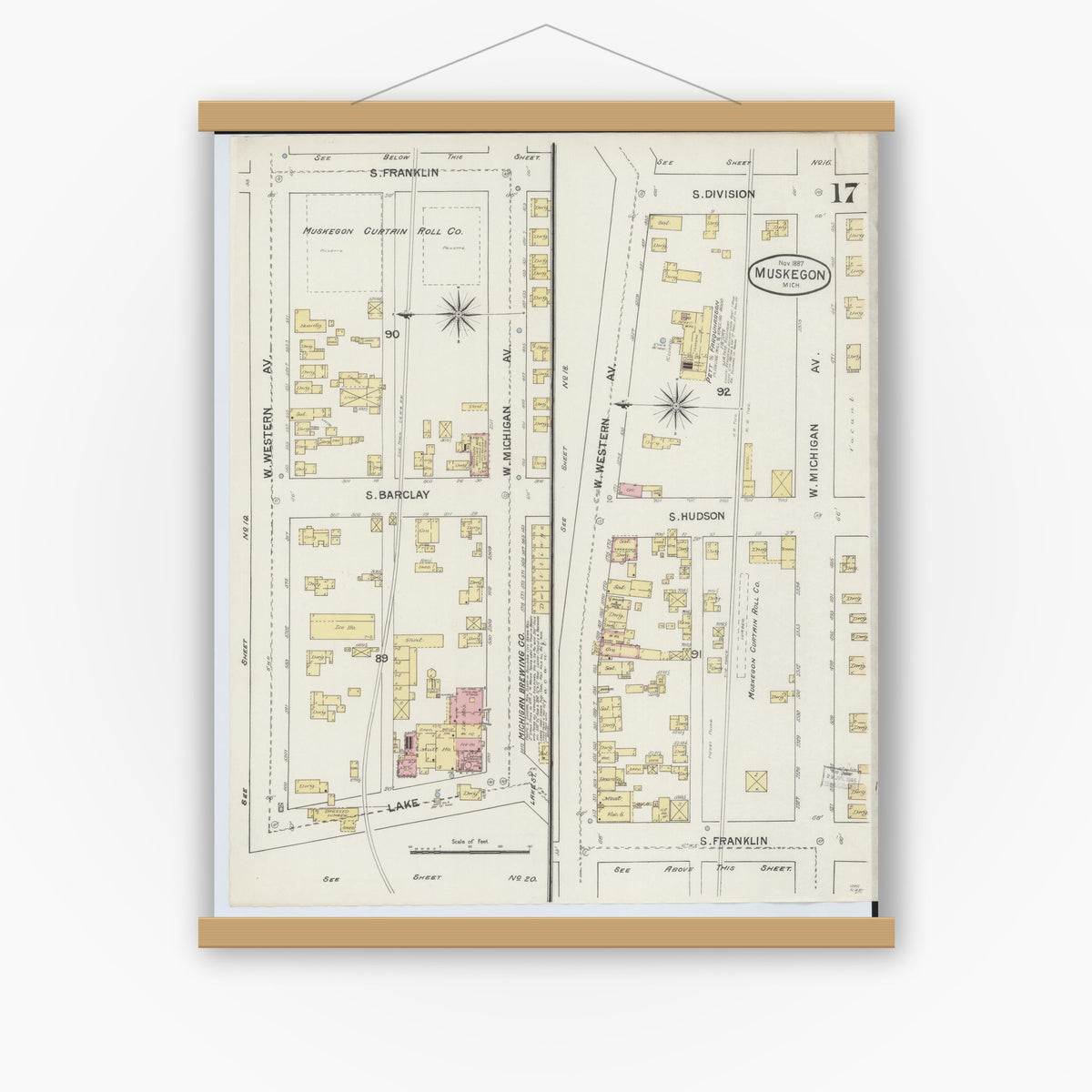 Old map wall art mockup — magnetic wood frame on white wall — Sanborn Fire Insurance Map from Muskegon, Muskegon County, Michigan (1887), Sheet #0017