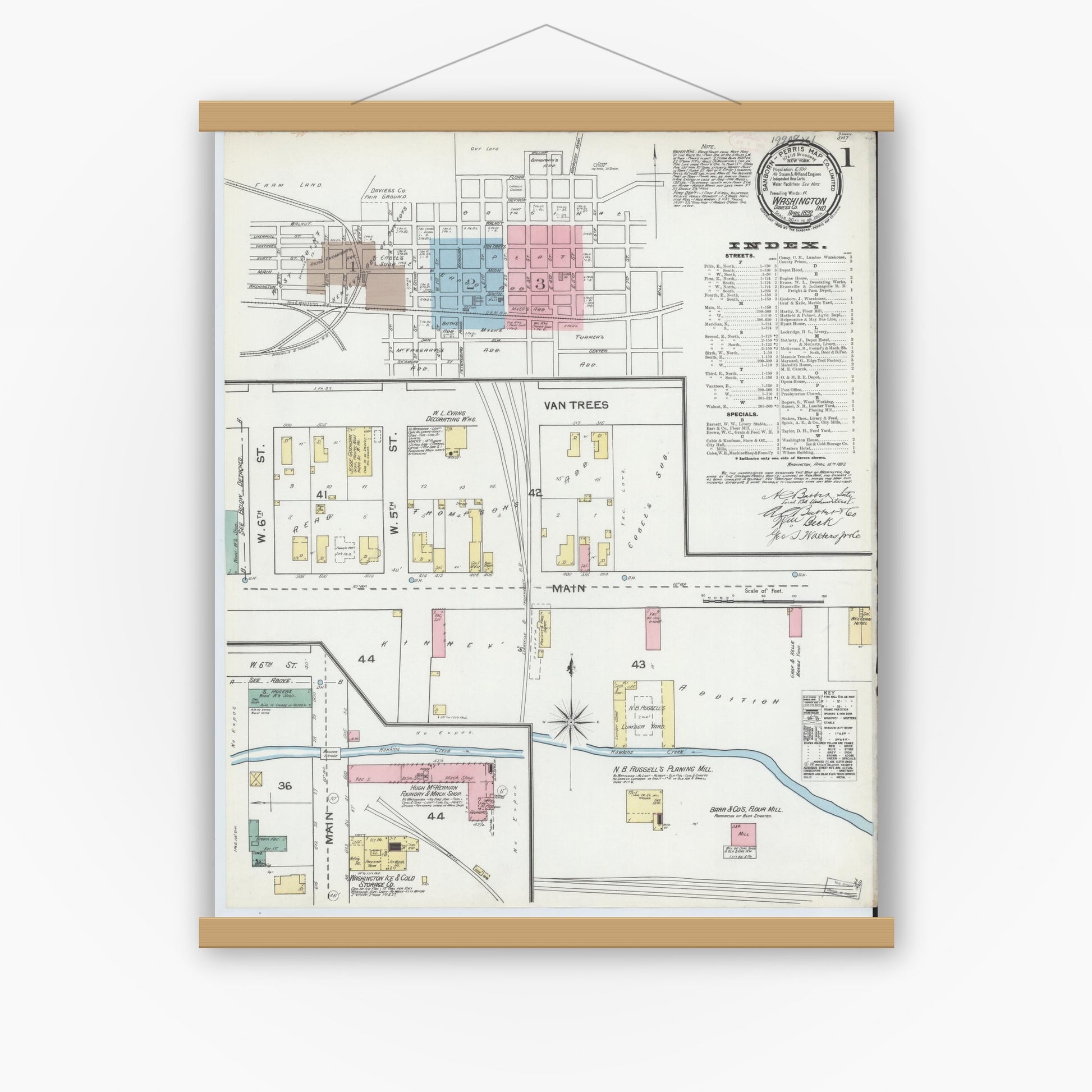 Old map wall art mockup — magnetic wood frame on white wall — Sanborn Fire Insurance Map from Washington, Daviess County, Indiana (1892) - Complete Map Set